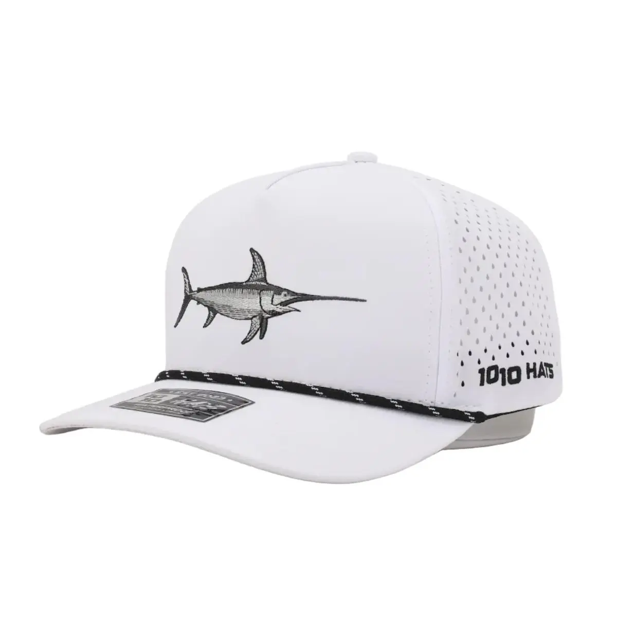10-10 Hats White 5-panel rope cap, front three-quarter view, with an embroidered swordfish design and a black-and-white rope cord across the brim