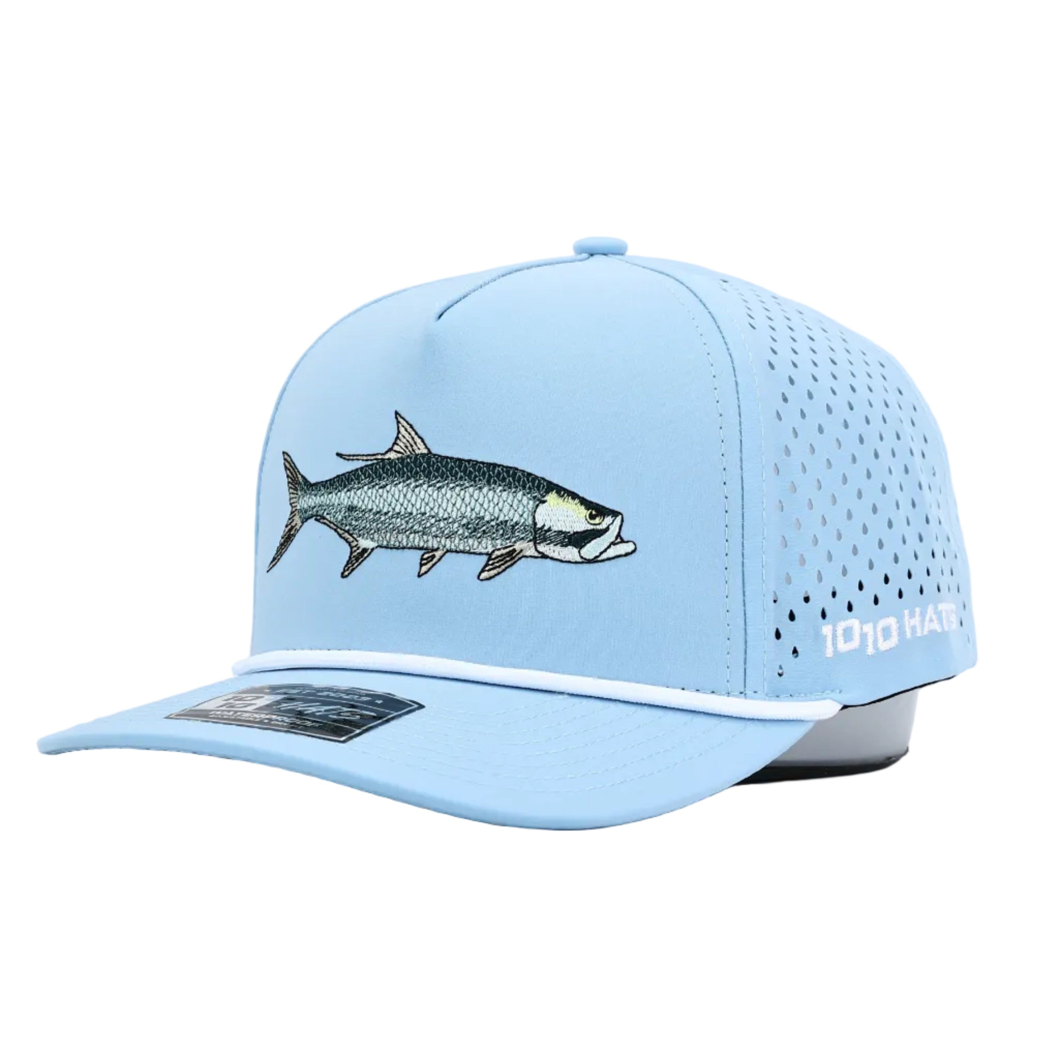 10-10 Hats Tarpon Fish Hat in sky blue, front three-quarter view, with an embroidered tarpon fish design and a white rope cord across the brim