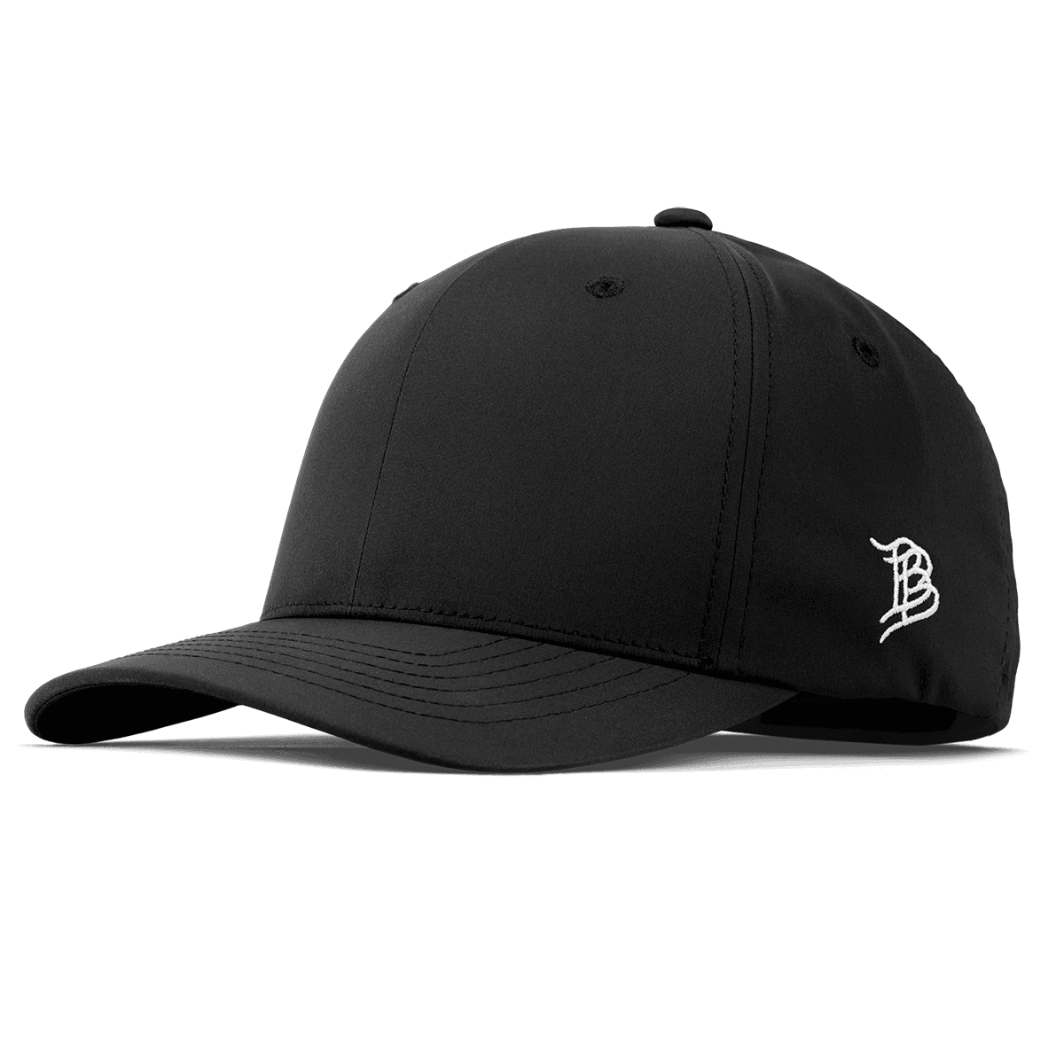 Branded Bills Bare Flexfit Performance Fitted Hat in black, three-quarter view showing the curved bill and embroidered logo