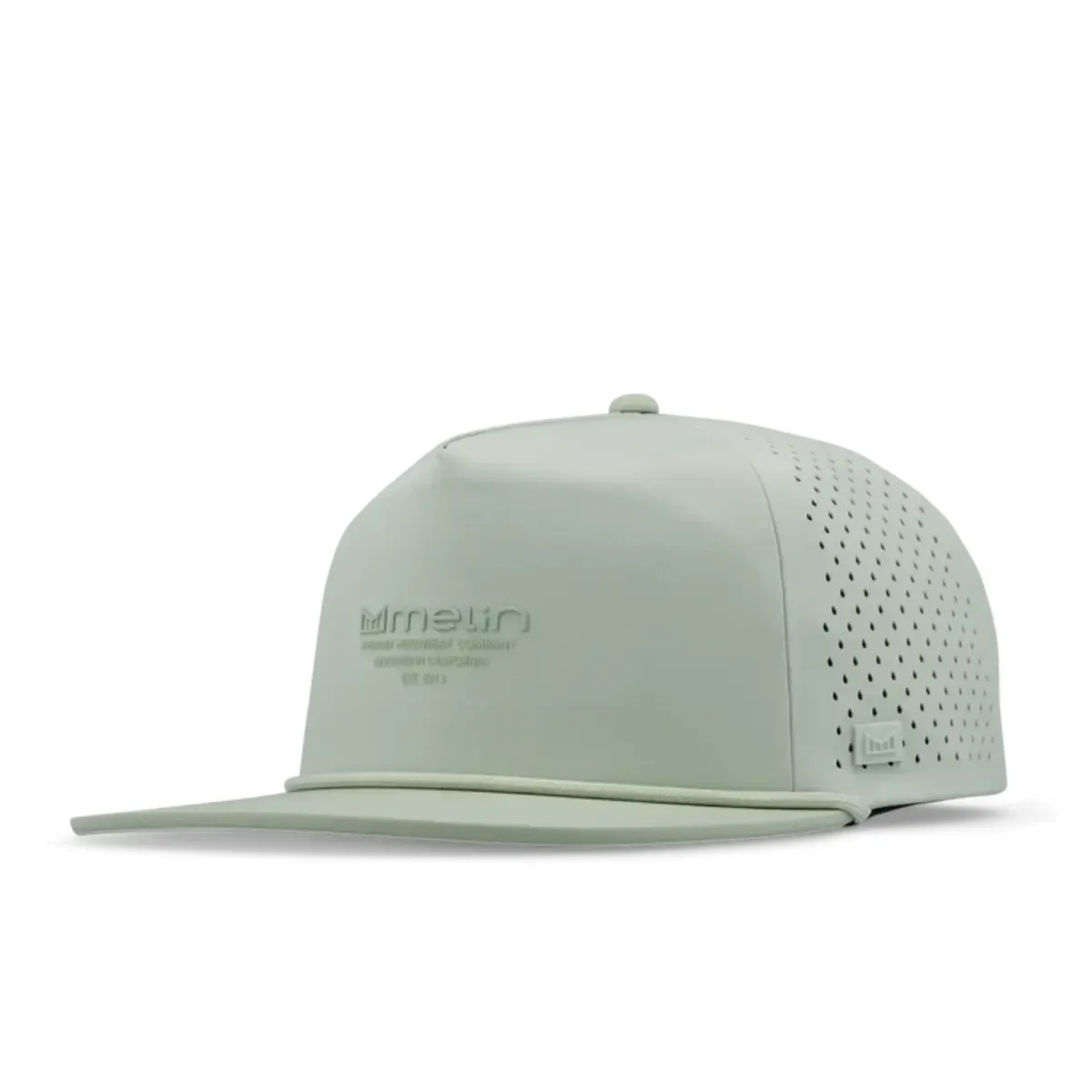 Melin Coronado HYDROLite hat in sage green, side profile view showing the flat bill and embossed logo