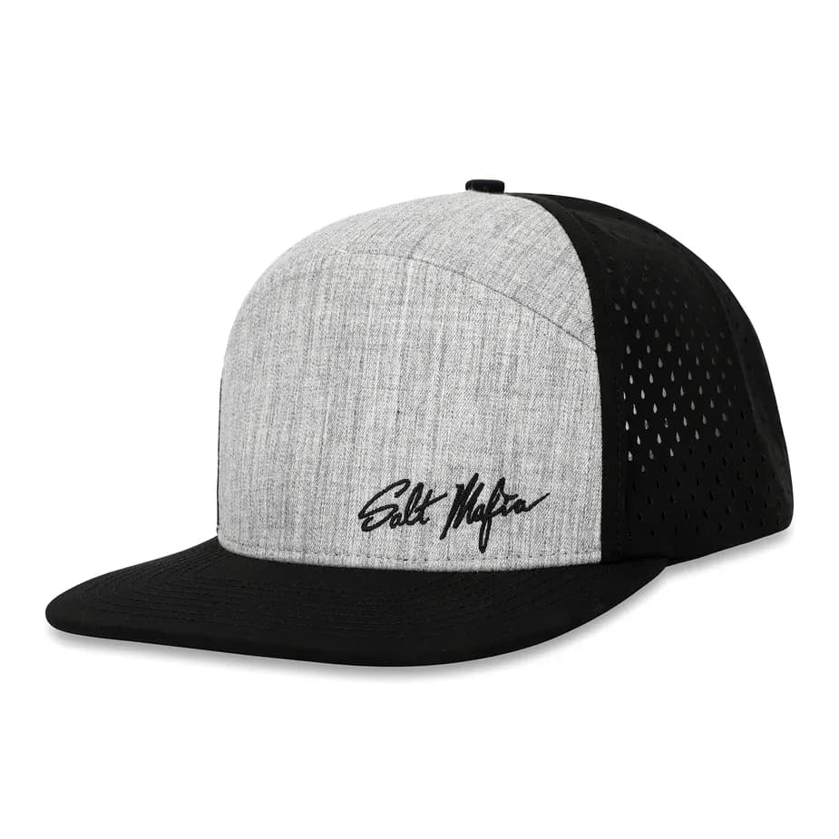 Salt Mafia Thread Hat in heather gray and black, side-angle view showing the laser-vented panel