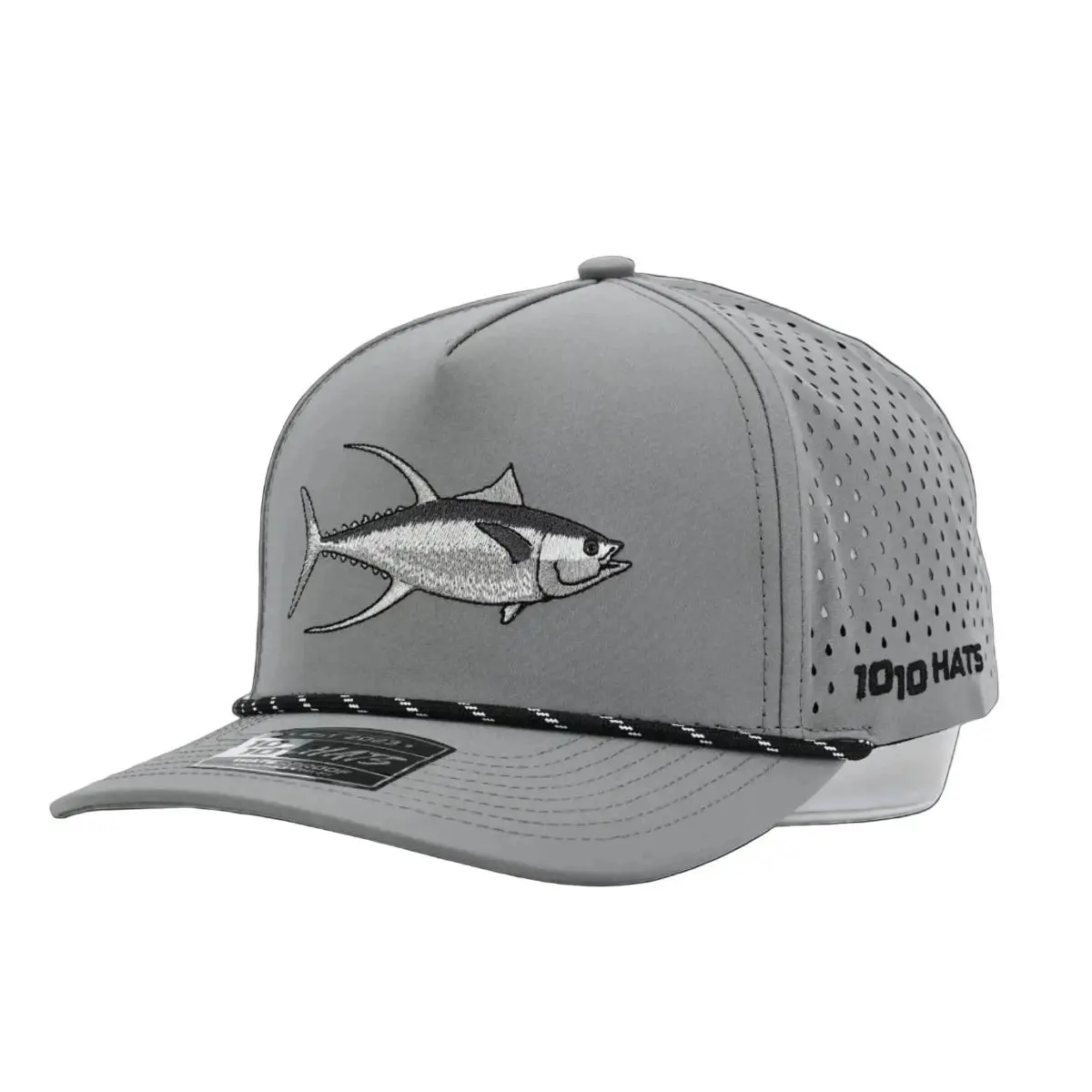 10-10 Hats Light Gray 5-panel rope cap, front three-quarter view, with an embroidered yellowfin tuna design and a black-and-white rope cord across the brim