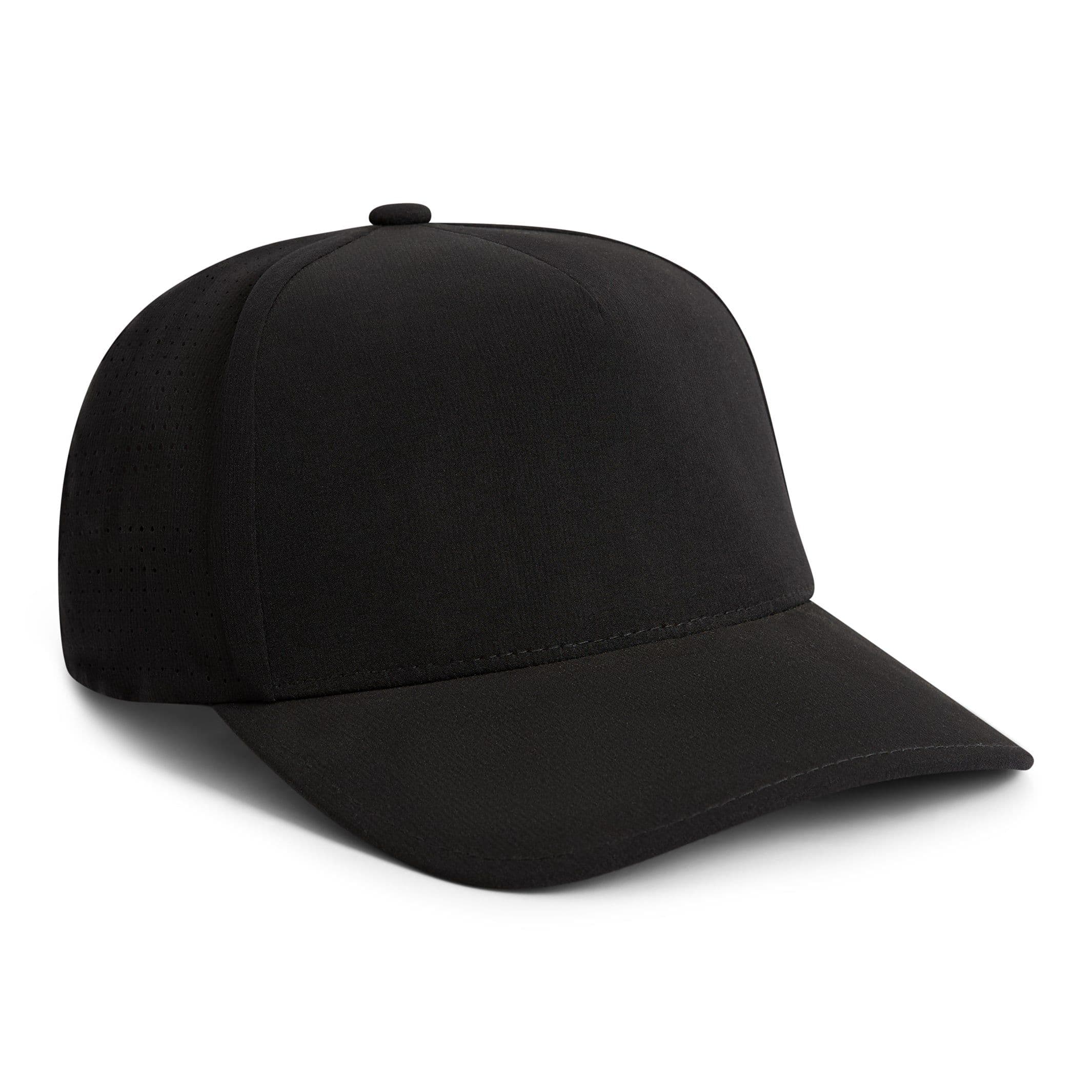 Front three-quarter view of the Florence Marine X Performance Airtex Hat in Black, showing the 5-panel construction