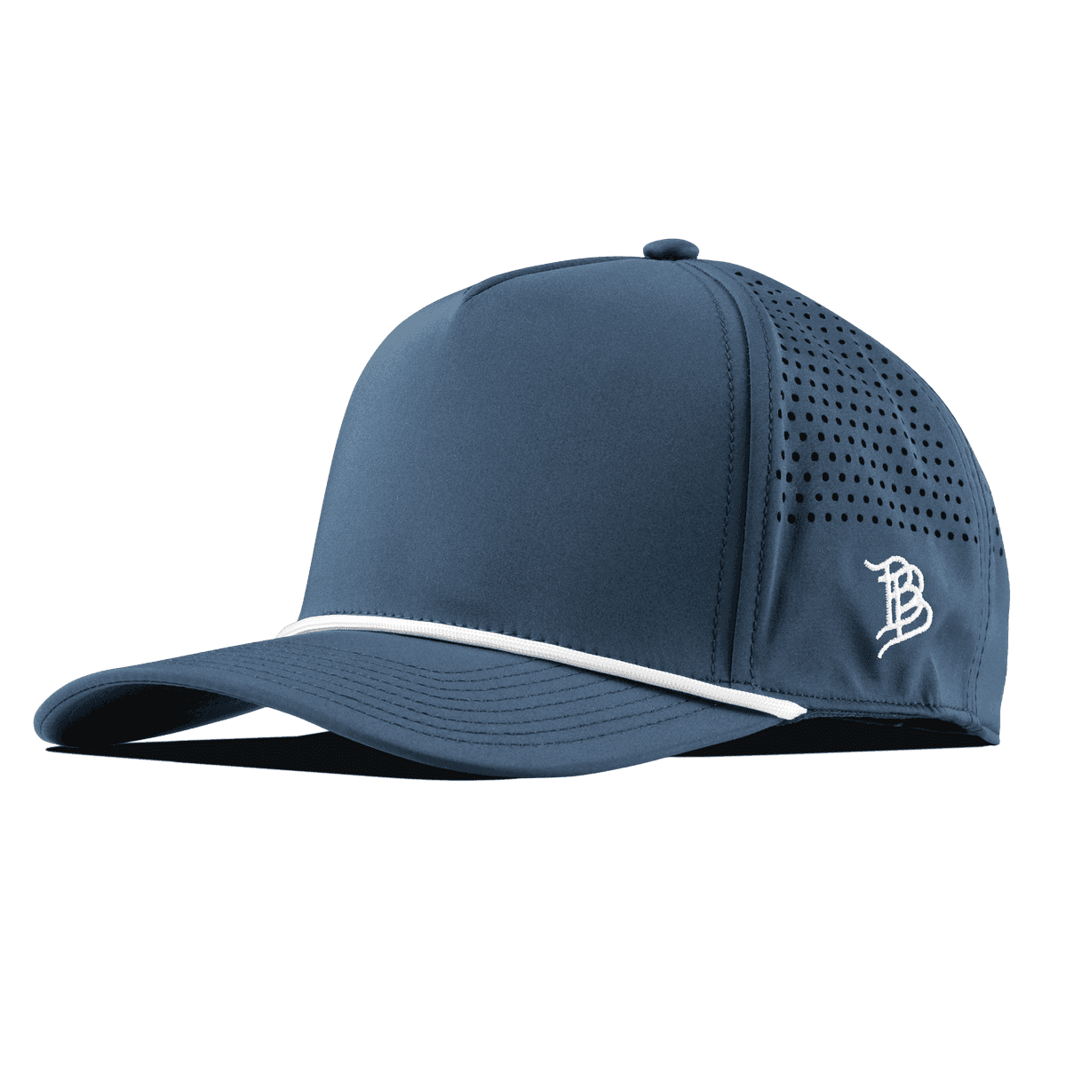 Branded Bills Bare Curved 5 Panel Rope Hat in Orion navy, side profile view showing the laser-perforated panel and white rope trim