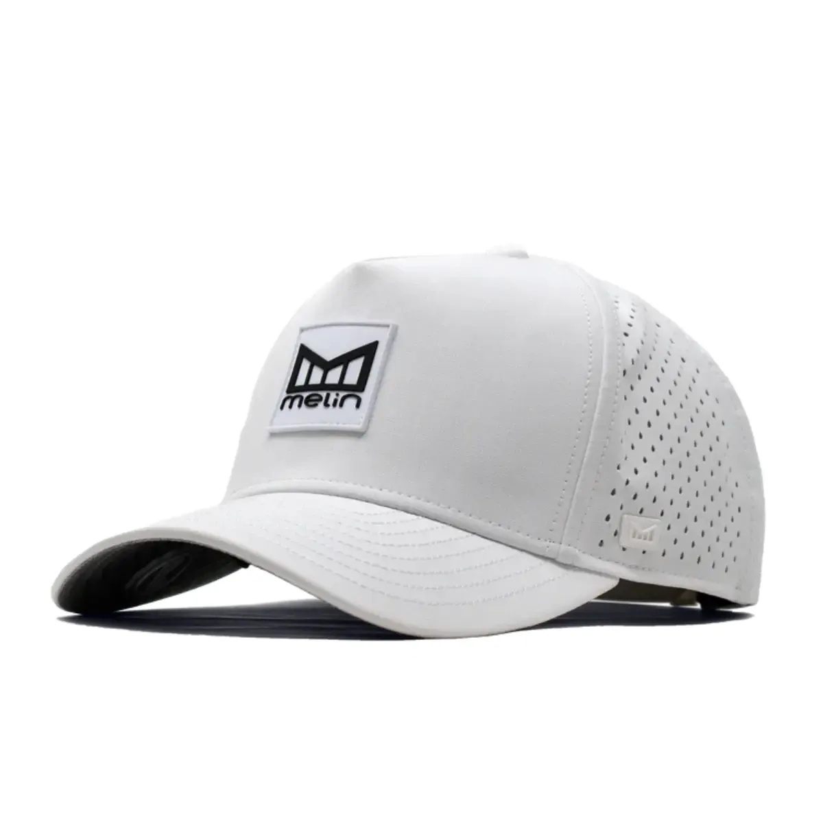 Melin Odysea Stacked HYDRO hat in white, side profile view showing the Melin logo patch