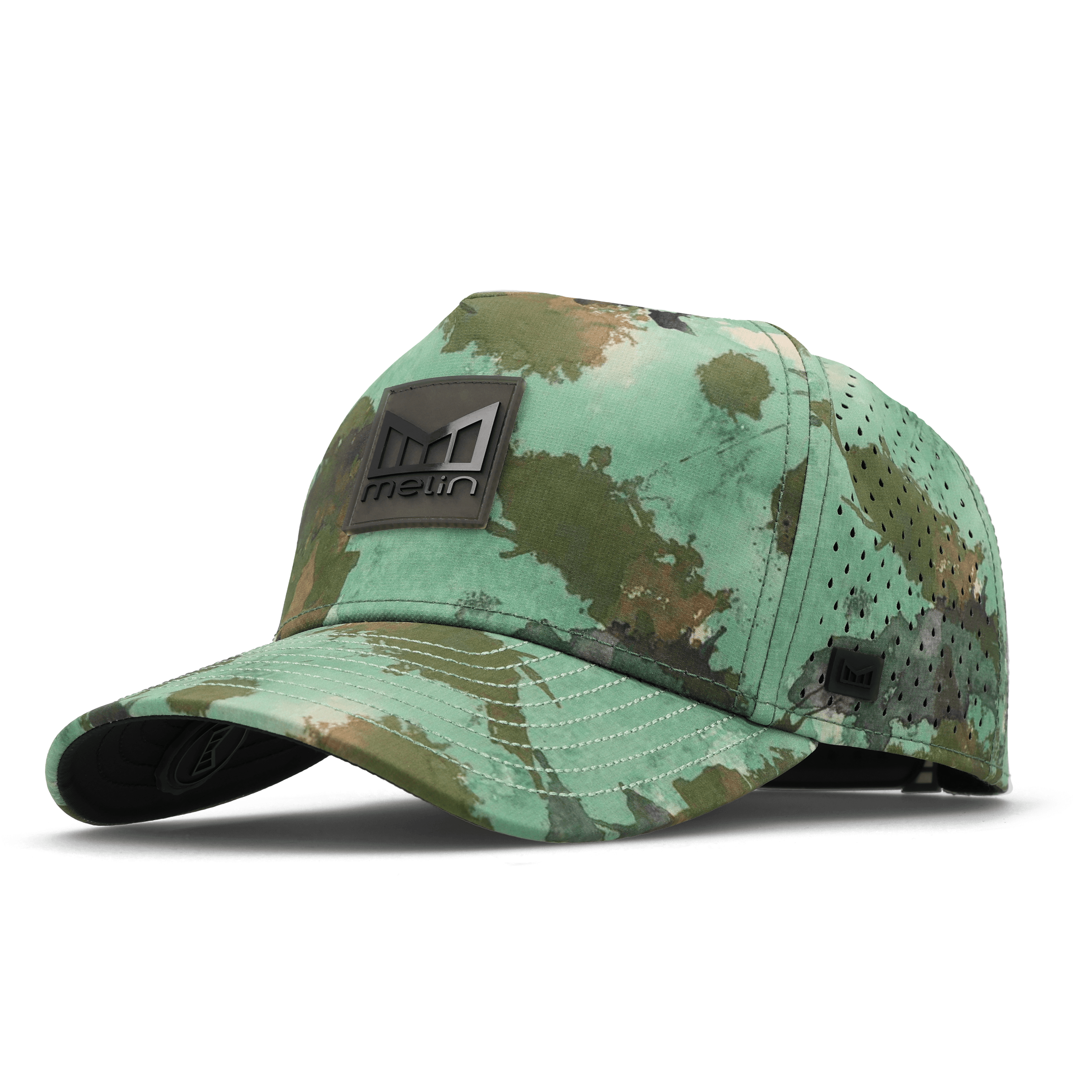 Melin Odysea Stacked HYDRO hat in watercolor camo, front view showing the Melin logo patch
