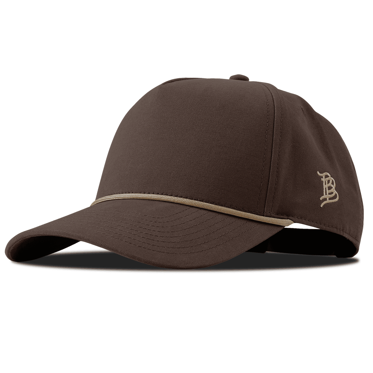 Branded Bills Bare Curved Canvas 5 Panel Rope Hat in vintage brown, side profile view showing the tan rope trim and canvas texture
