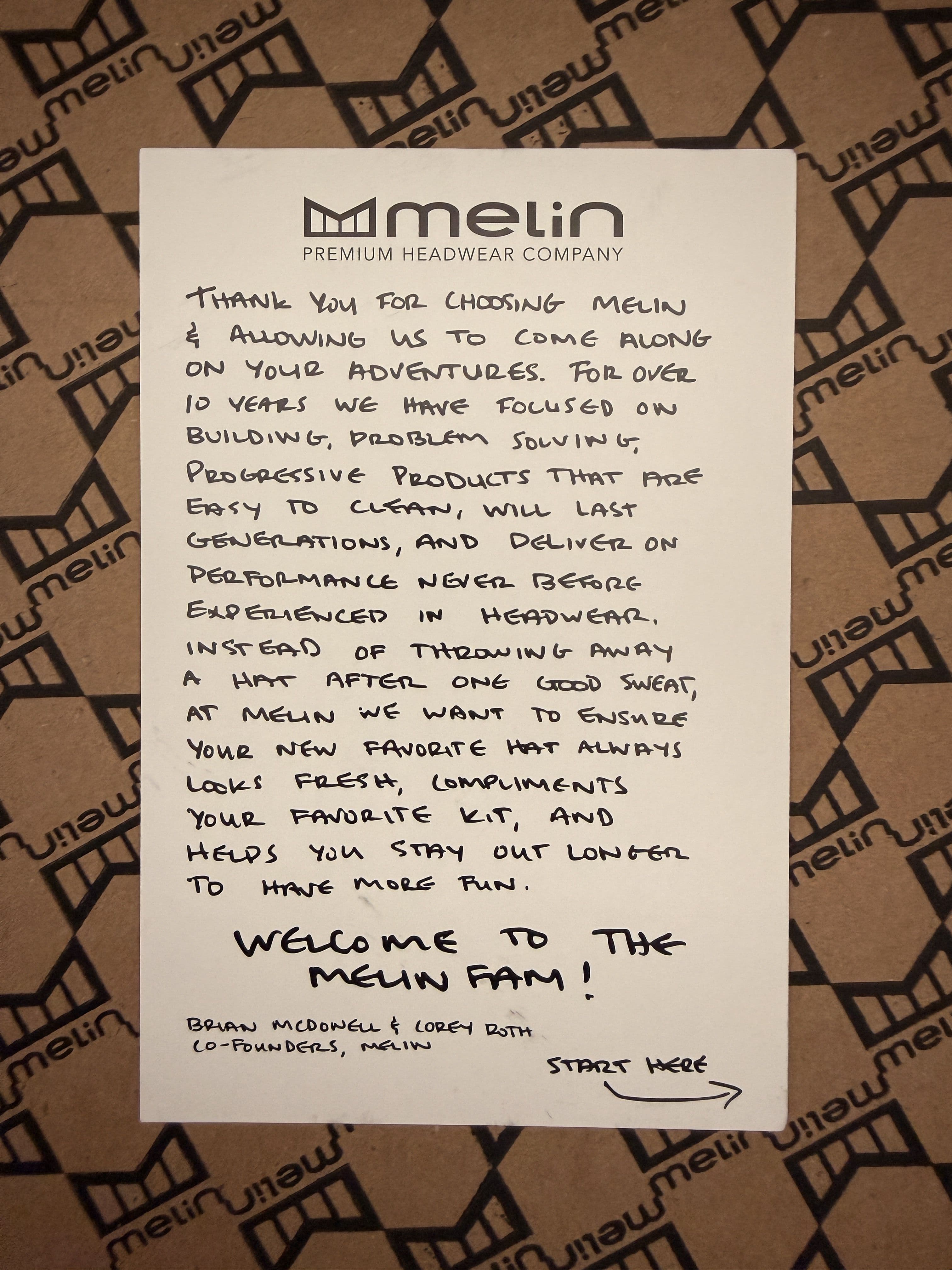 Handwritten welcome card from Melin co-founders Brian McDonell and Corey Roth, included in the box