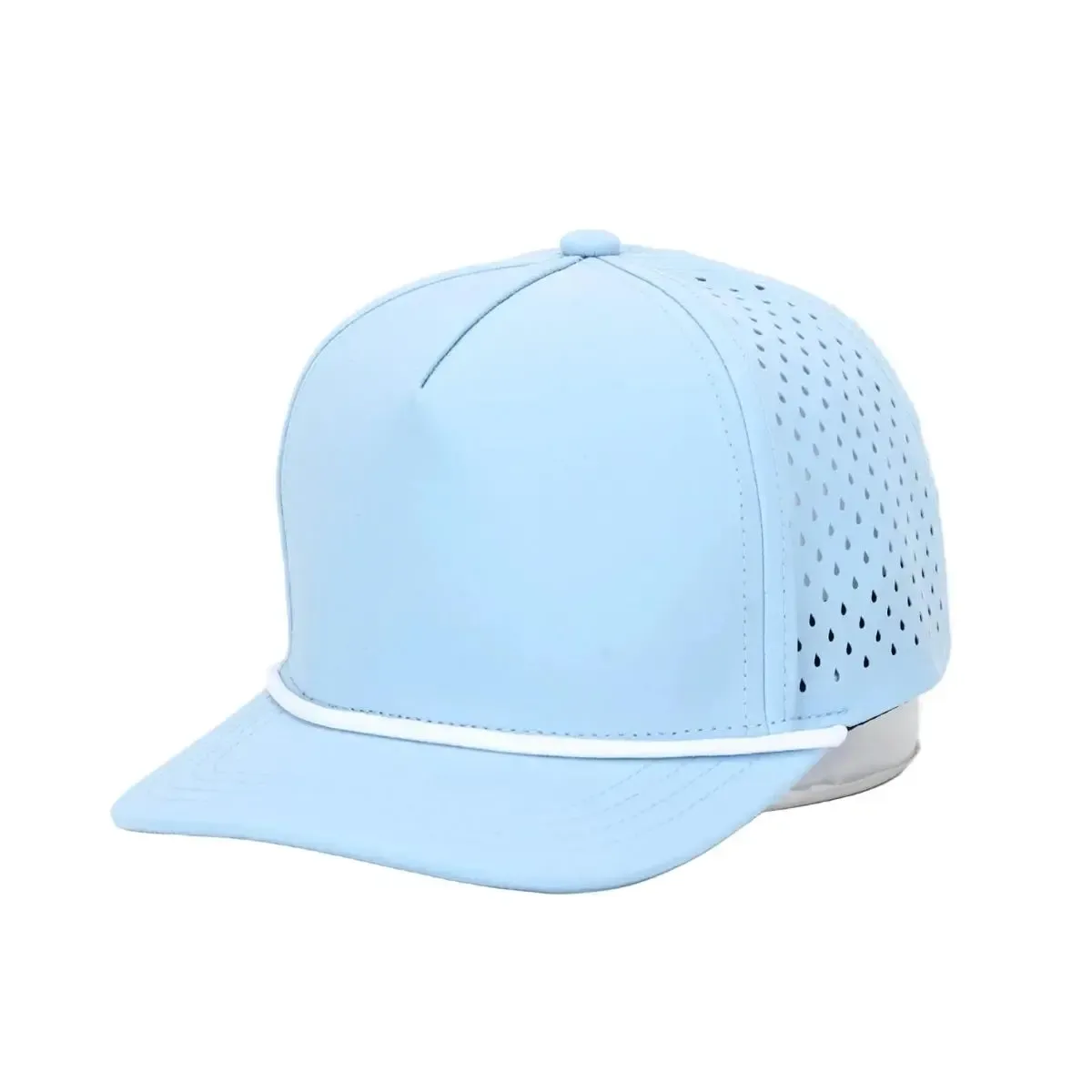 10-10 Hats Sky Blue 5-panel rope kids cap, front three-quarter view, with a white rope cord across the brim