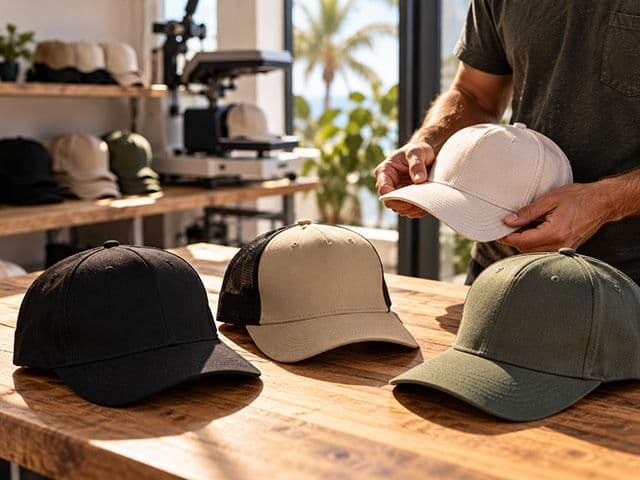Several undecorated blank caps arranged on a wood workbench near embroidery equipment, with a hand holding one white cap, in a customization workspace.