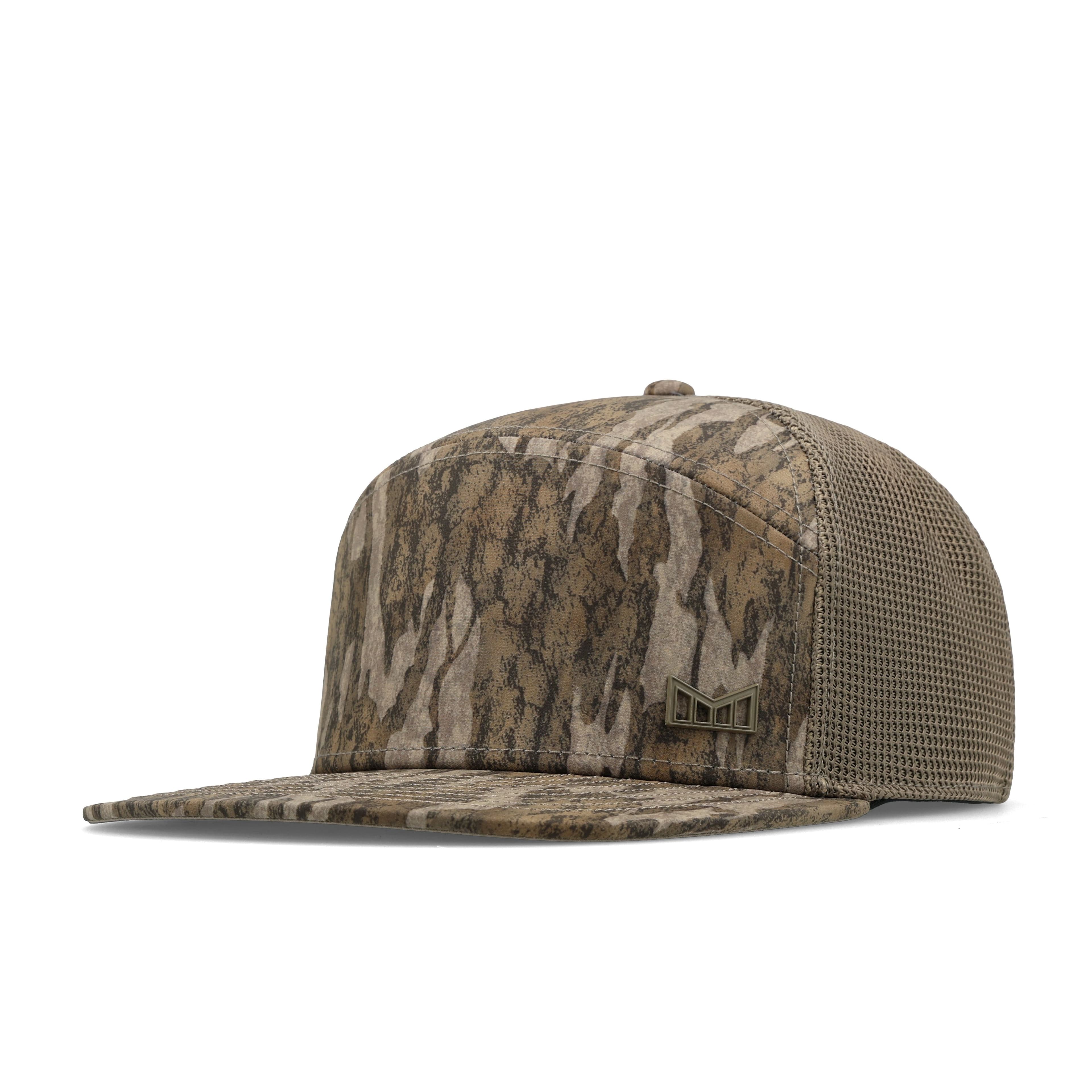 Melin Trenches Mossy Oak HYDRO hat in Bottomland camo, three-quarter angled view showing the flat bill and mesh side panels