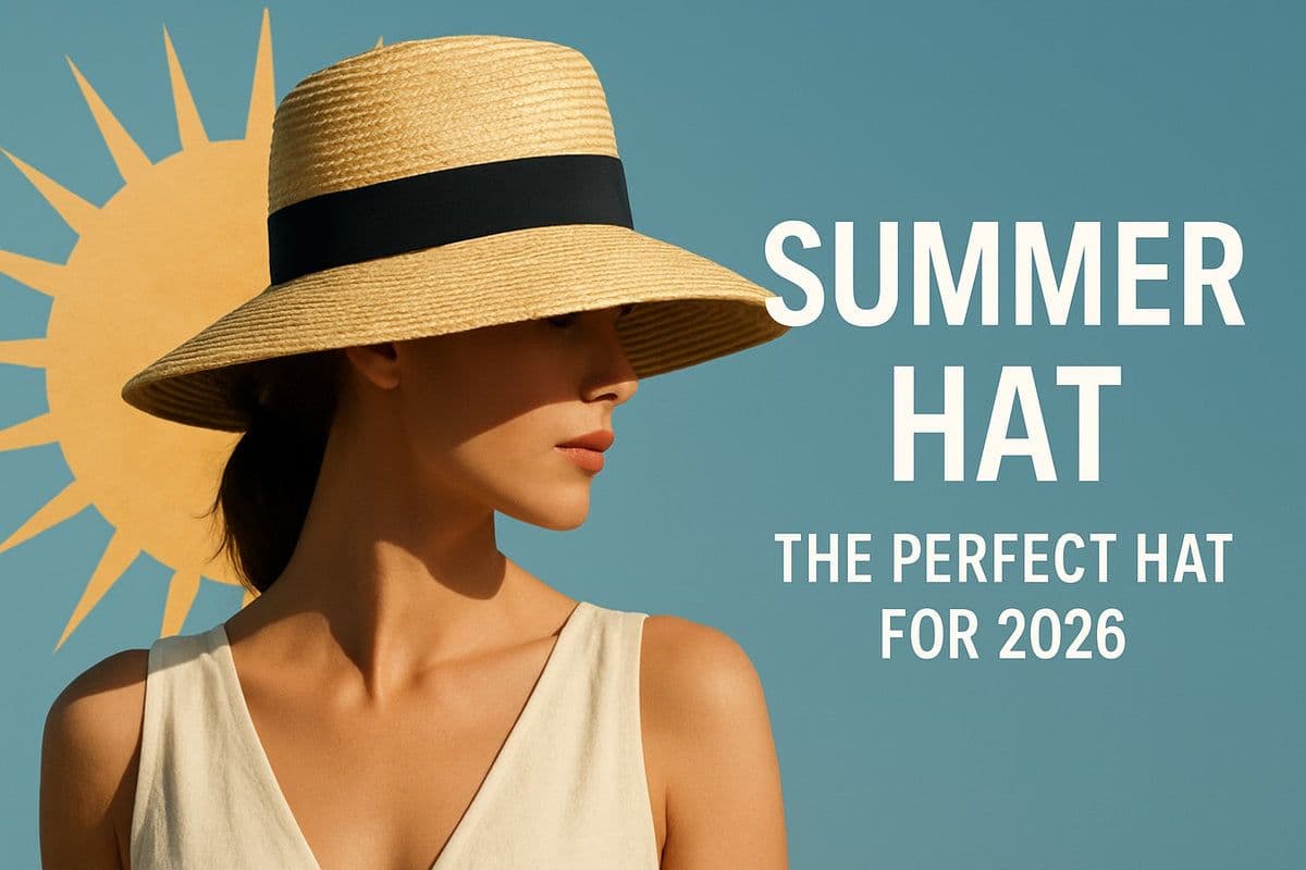 Woman wearing a wide-brimmed straw hat with a black band against a teal background, with "Summer Hat: The Perfect Hat for 2026" text