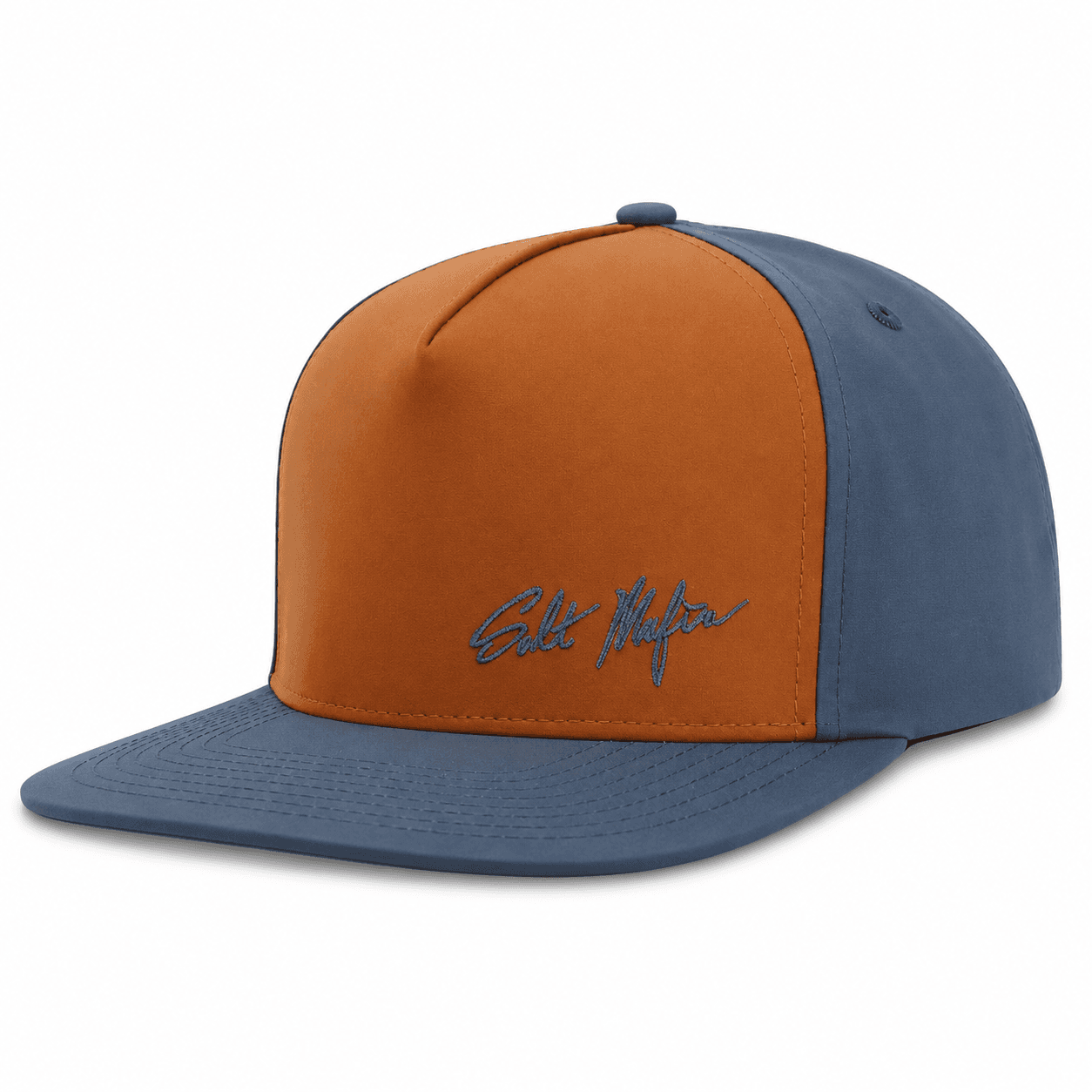 Salt Mafia Laser-Less Hammer Youth Hat in orange and blue, front-angle view showing the Salt Mafia script logo