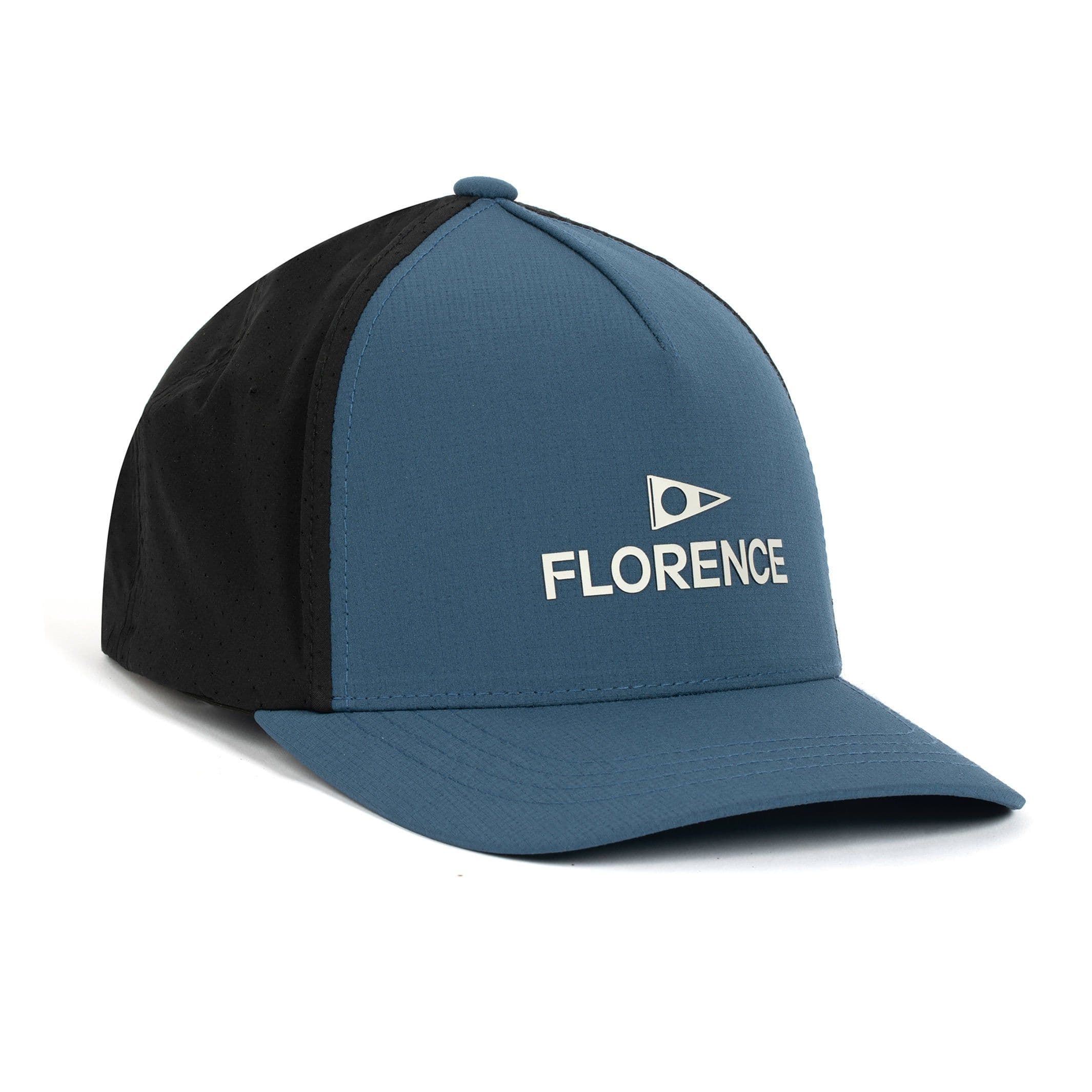 Front three-quarter view of the Florence Marine X Airtex Utility Hat in Dark Blue, showing the two-tone panel and embroidered Florence logo