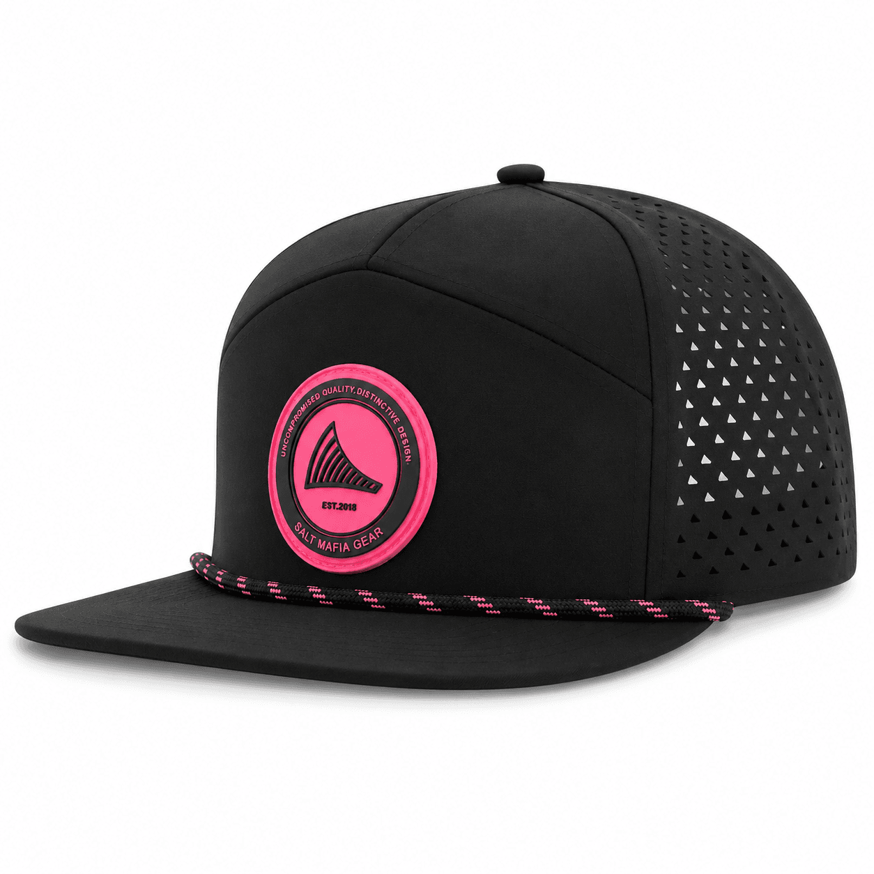 Salt Mafia Patches Pulse Hat in black and hot pink, front view showing the Salt Mafia Gear patch and rope detail