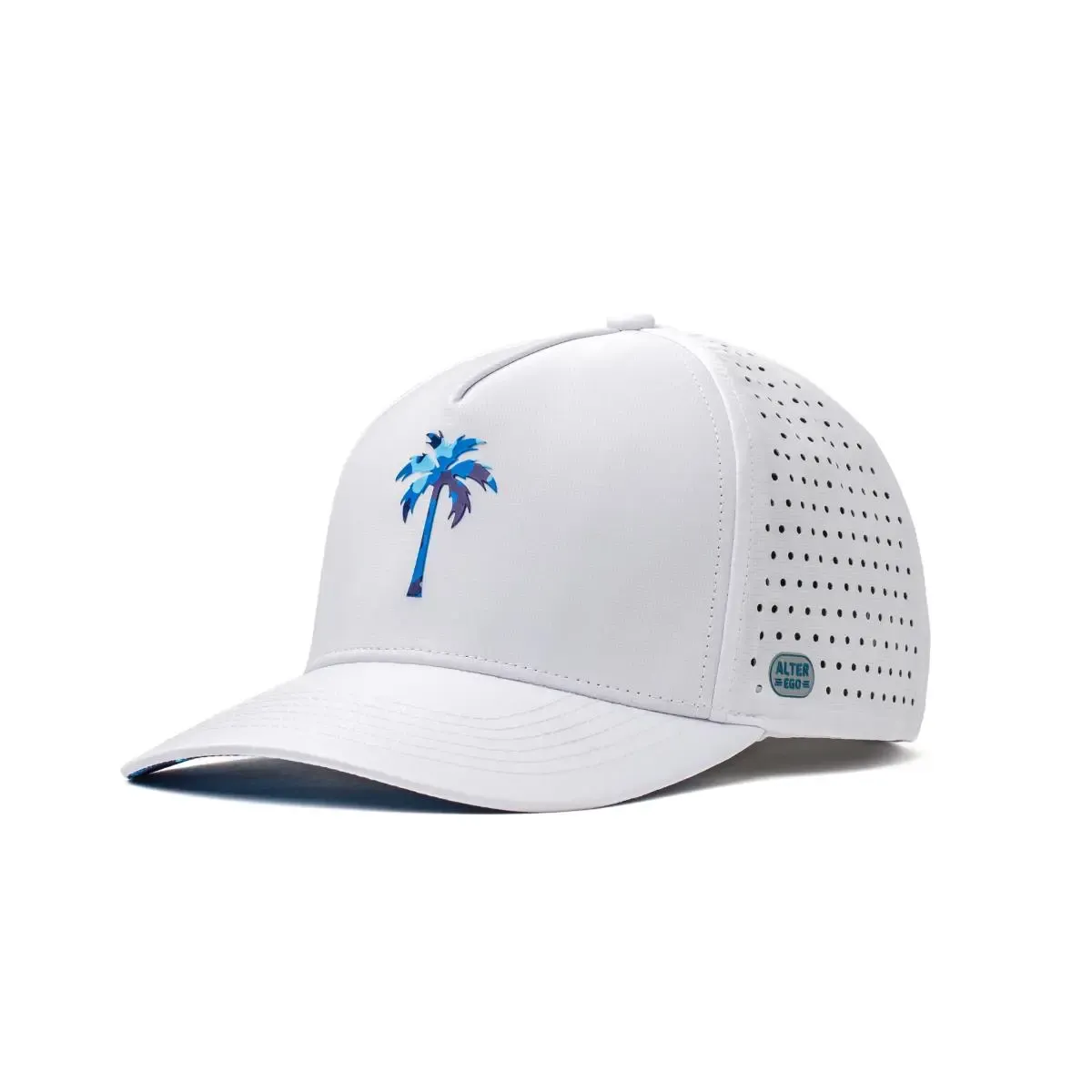 Alter Ego Coaster Splash hat in white with a navy camo palm tree logo, front view