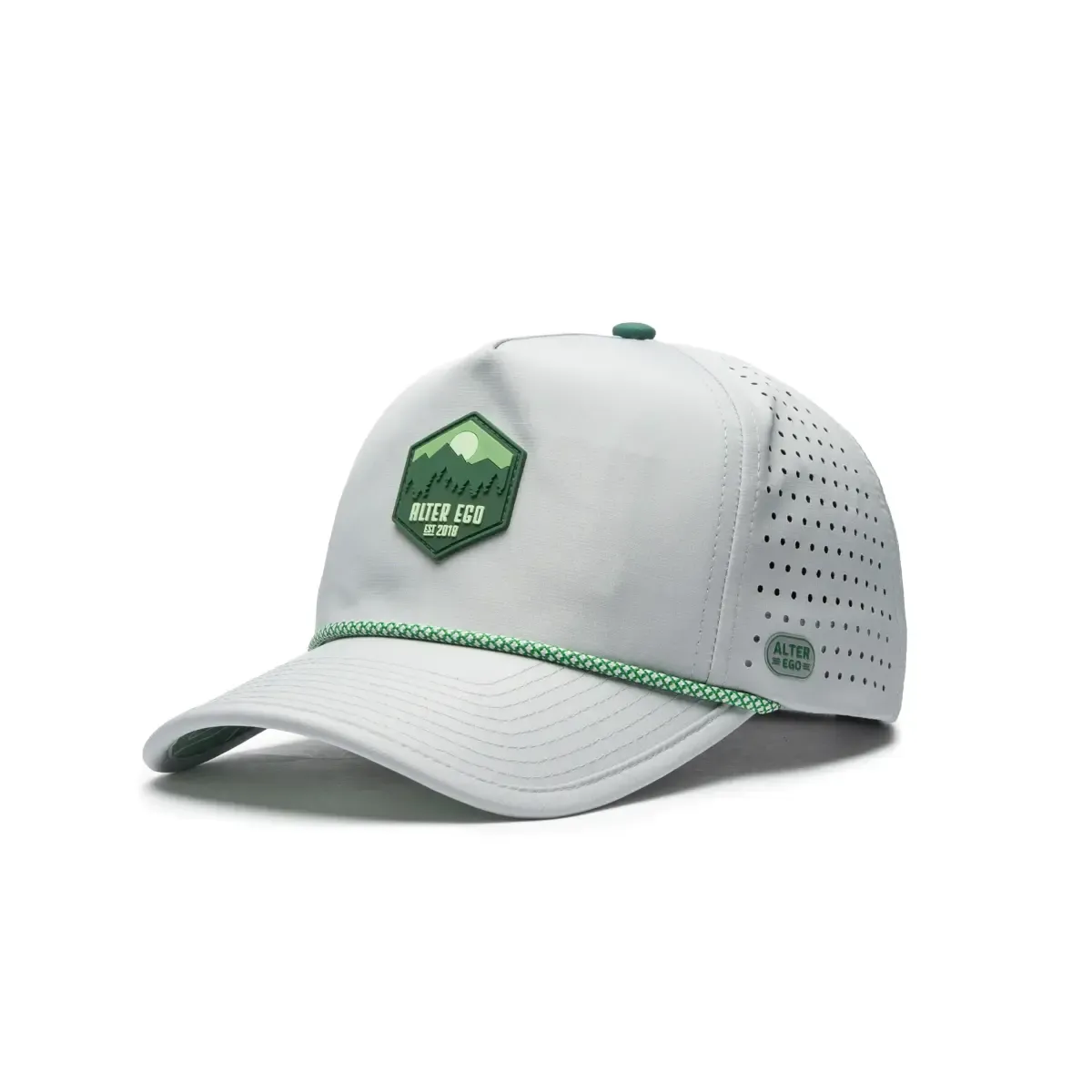 Alter Ego Traveler Splash hat in light gray with a green Alter Ego patch, front view