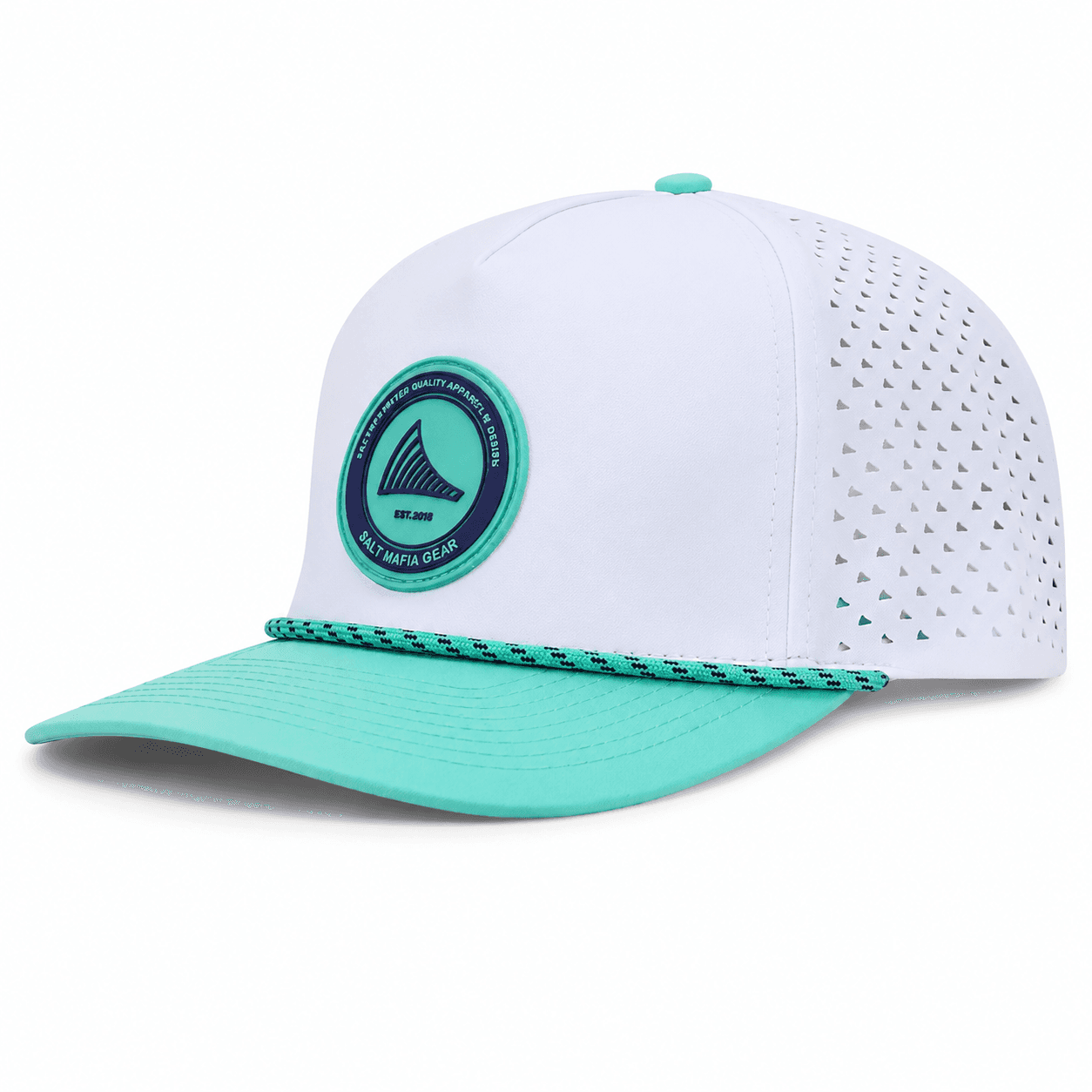 Salt Mafia Patches Icon Hat in white and teal, front view showing the Salt Mafia Gear patch and rope detail