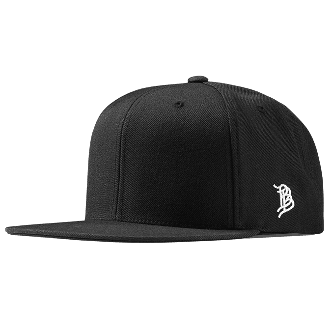 Branded Bills Bare Essential Flat Snapback Hat in black, side profile view showing the flat brim and structured crown