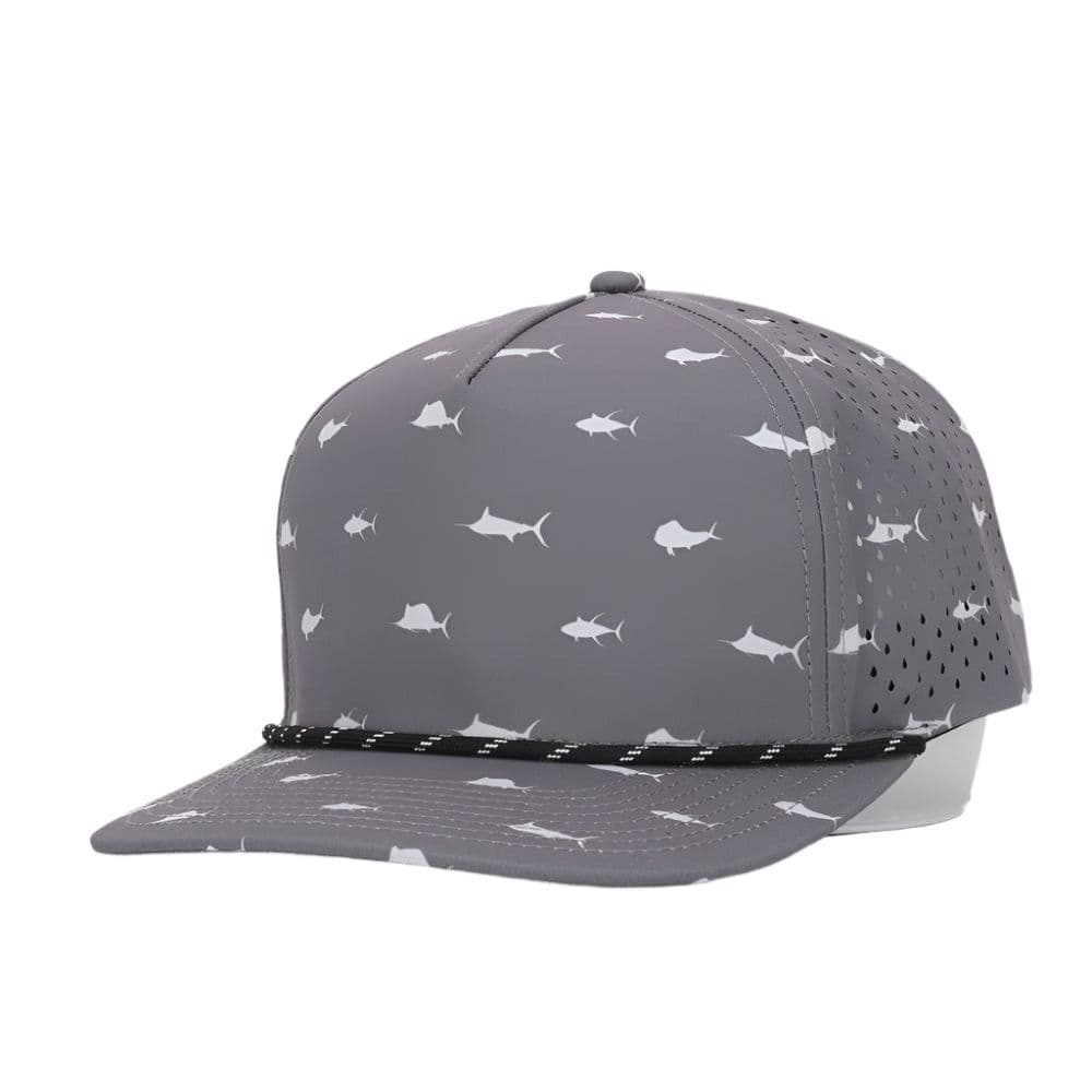 10-10 Hats Offshore Gray 5-panel cap, front three-quarter view, with a white fish-silhouette print and a rope cord across the brim