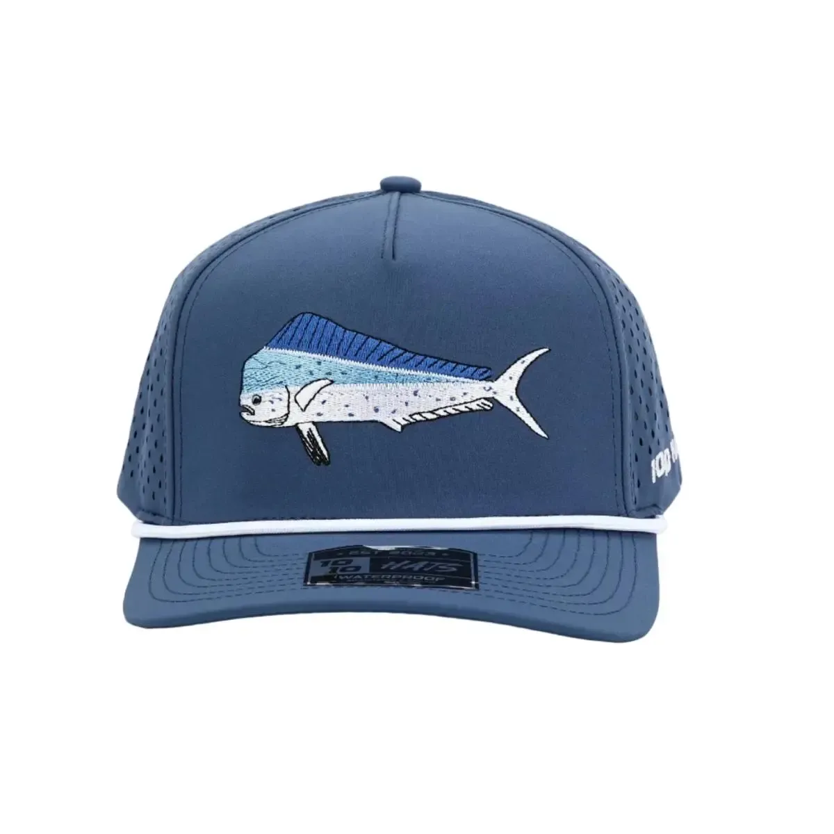 10-10 Hats Deep Blue 5-panel rope cap, front three-quarter view, with an embroidered mahi-mahi design and a white rope cord across the brim