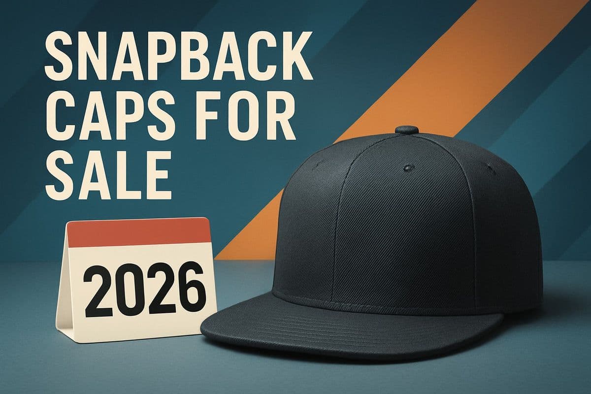 A black snapback cap on a teal and orange geometric background with a "2026" desk calendar, labeled "Snapback Caps For Sale"