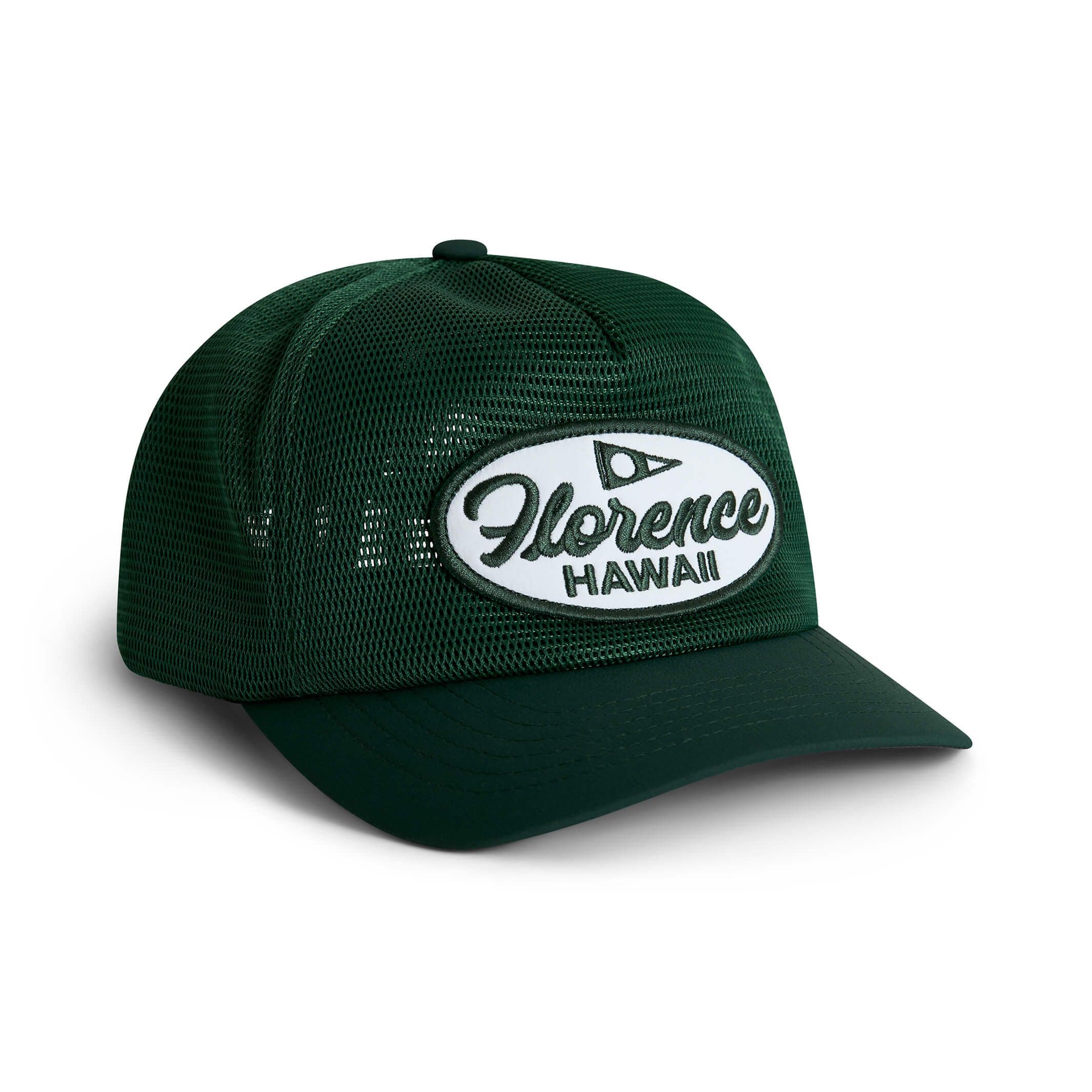 Front three-quarter view of the Florence Marine X Hawaii Mesh Trucker in Sycamore, showing the embroidered Florence Hawaii patch