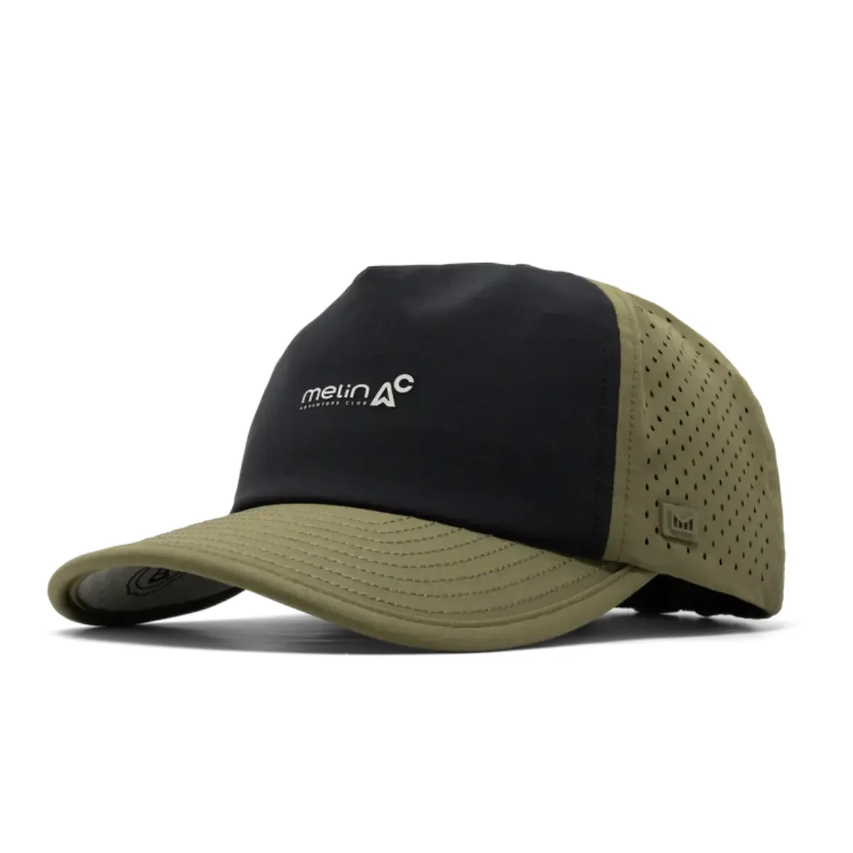 Melin Odysea Packable HYDRO hat in black and olive, side profile view showing the Melin Adventure Club logo