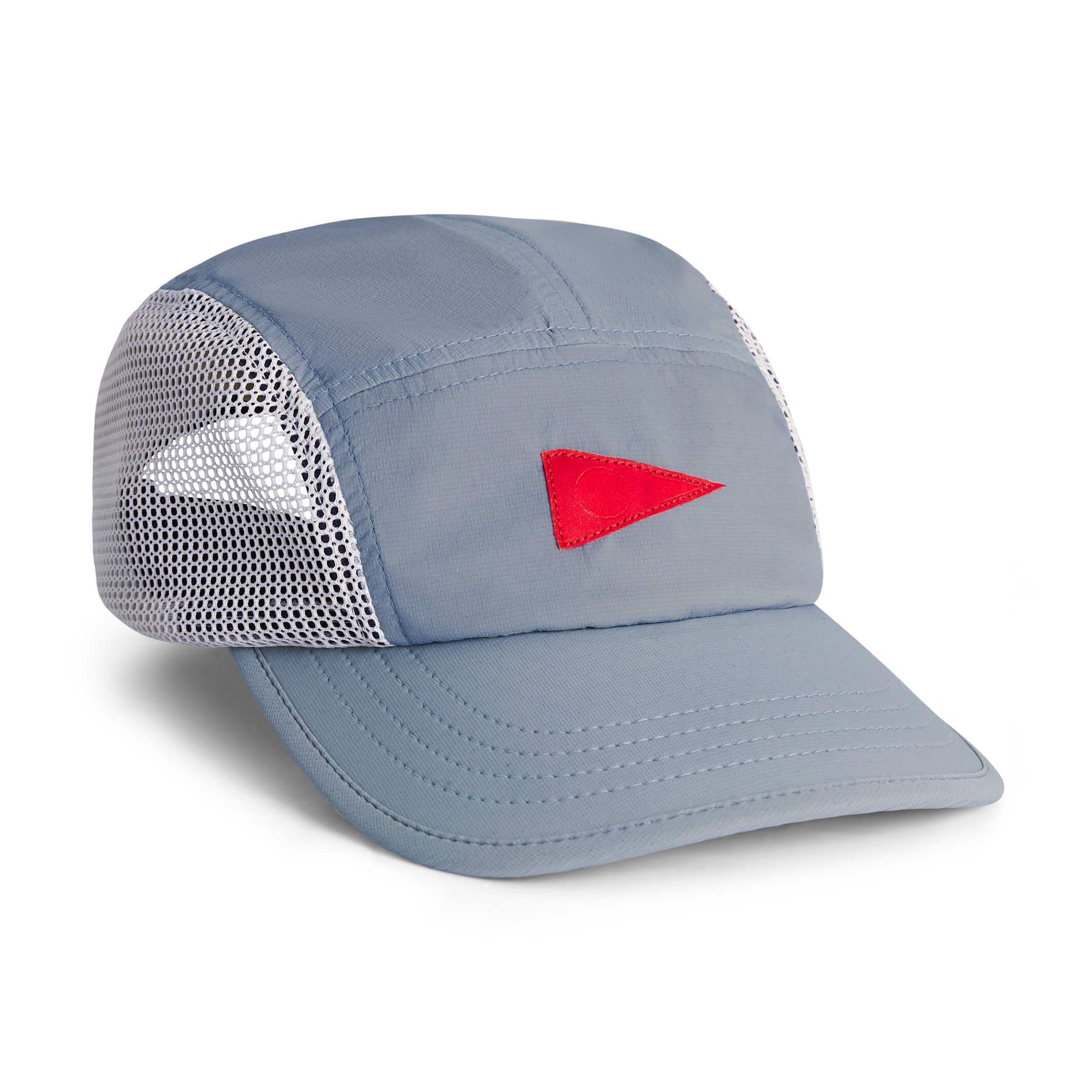 Front three-quarter view of the Florence Marine X Airtex Runner Hat in Storm, showing the mesh side panels and curved bill