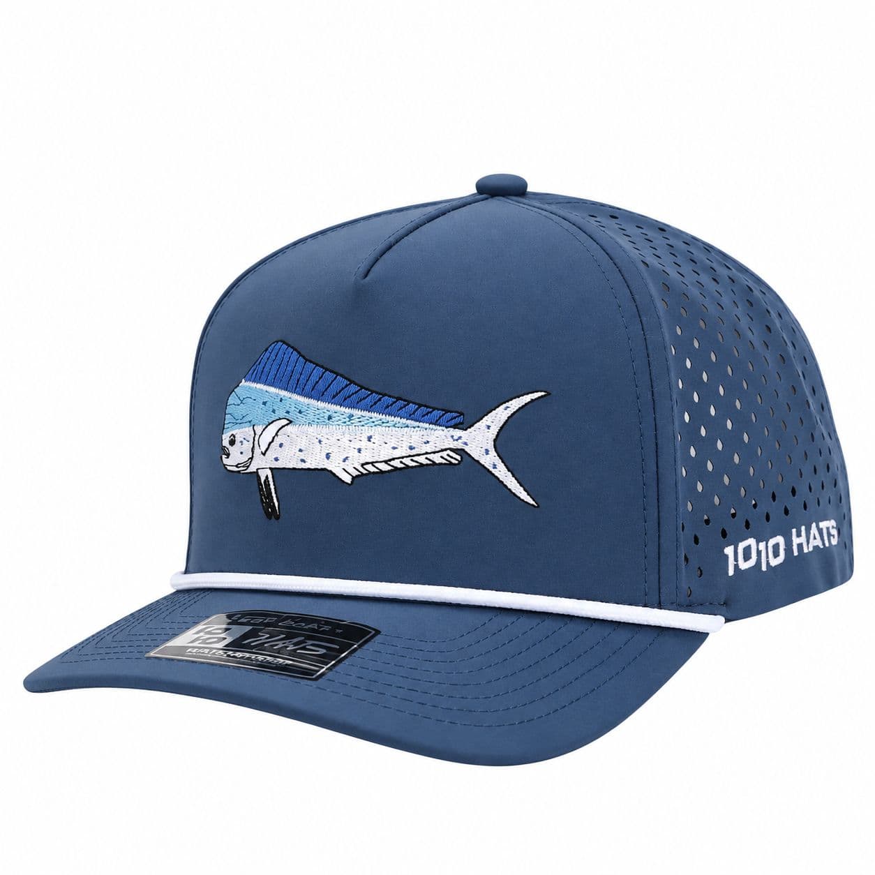 10-10 Hats Deep Blue 5-panel rope cap, front three-quarter view, with an embroidered mahi-mahi design and a white rope cord across the brim