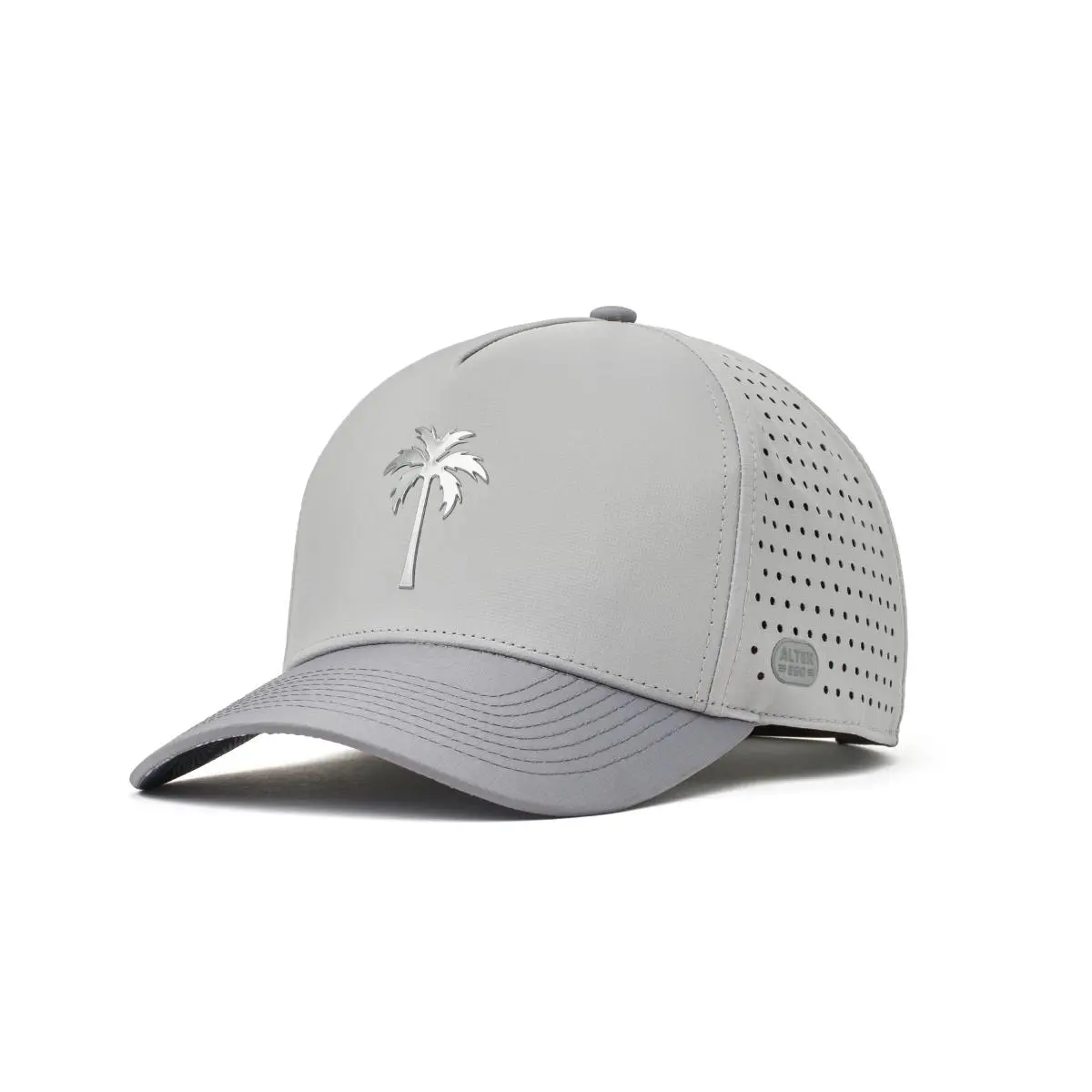 Alter Ego Coaster Splash hat in gray with a metallic chrome palm tree logo, front view