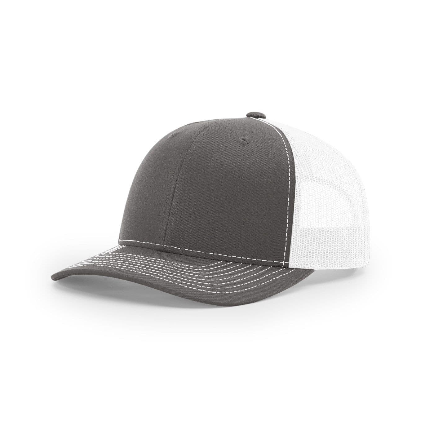 Richardson 112 Trucker in Charcoal/White, three-quarter view showing the structured front panels, precurved bill and white mesh back
