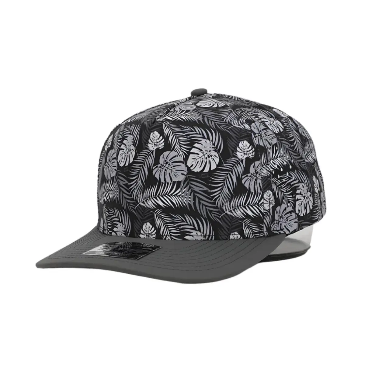 10-10 Hats Black Palm 5-panel cap, front three-quarter view, with a grey-and-black palm-leaf print crown and a solid grey flat brim