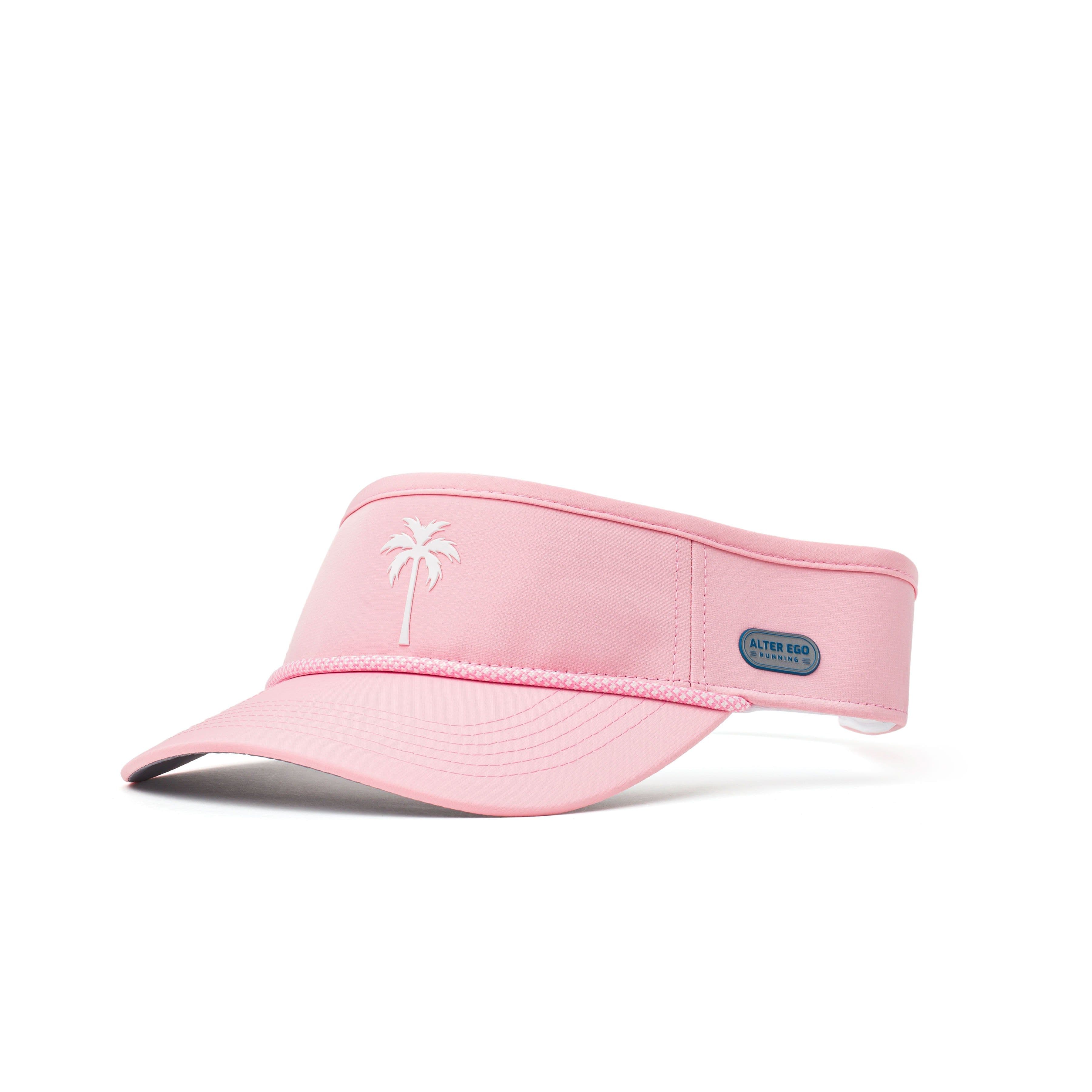 Alter Ego Running Visor Splash visor in pink, three-quarter angled view, with a white palm tree logo and a pink-and-white rope trim on the brim
