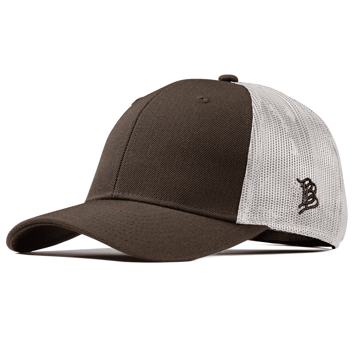 Branded Bills Bare Curved Trucker Hat in brown with white mesh back, side profile view showing the mesh back panel and curved brim