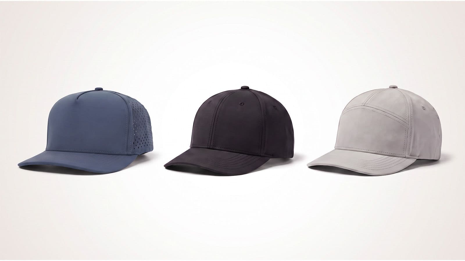 Three snapback hats arranged together to compare crown construction — a navy 10-10 Hats Mahi Fish Hat (5-panel), a black Melin A-Game HYDRO (6-panel), and a heather-gray-and-black Salt Mafia Thread Hat (7-panel).