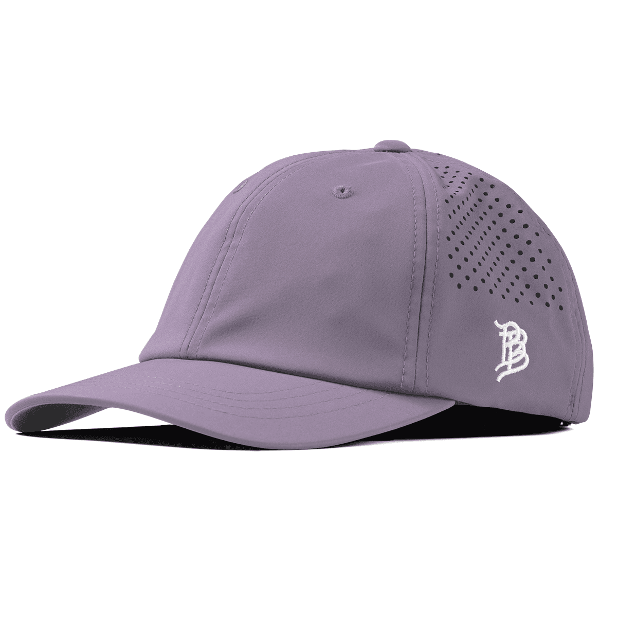 Branded Bills Bare Performance Dad Hat in purple, side profile view showing the low-profile unstructured crown and laser-perforated panel
