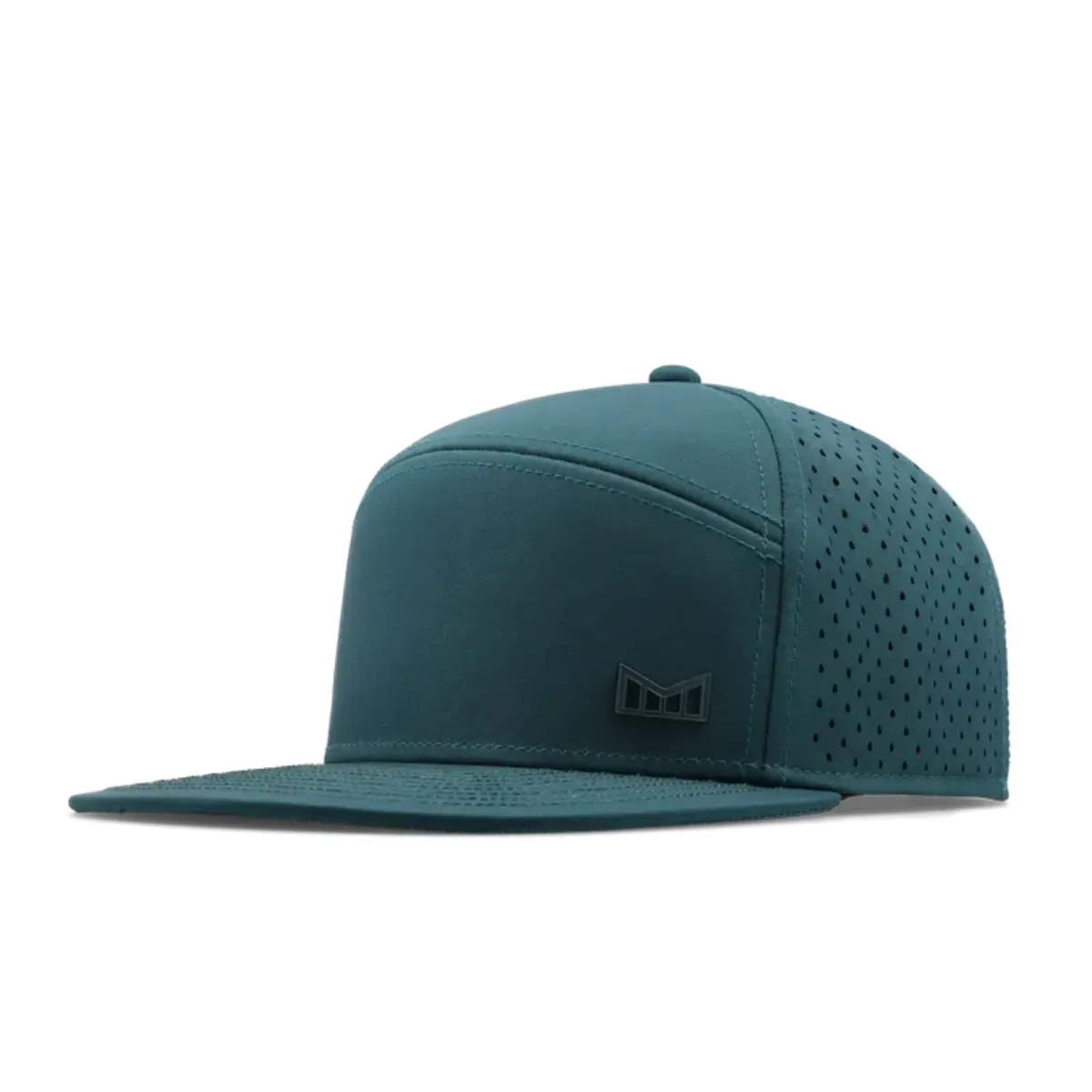 Melin Trenches Icon HYDRO hat in dark teal, side profile view showing the flat bill
