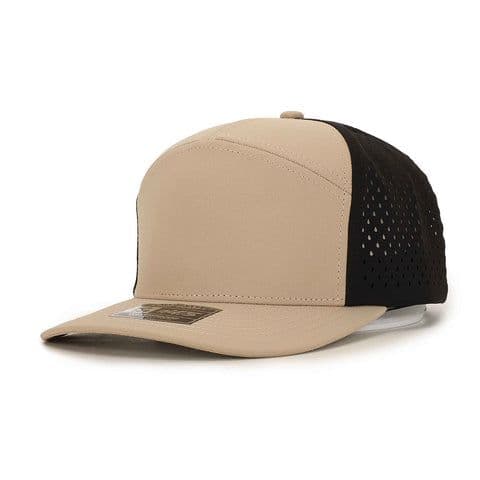 10-10 Hats khaki and black 7-panel snapback cap, front three-quarter view