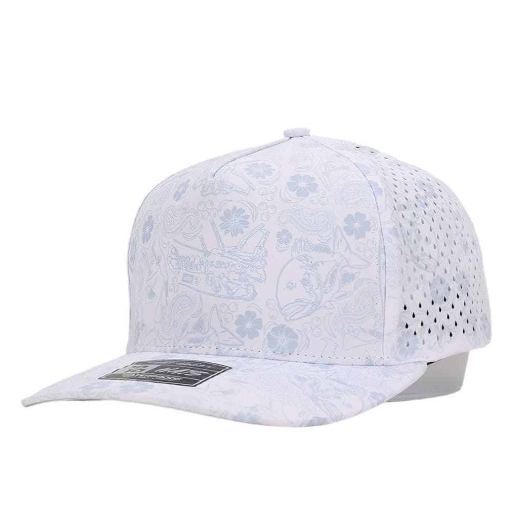 10-10 Hats White Reef 5-panel snapback cap, front three-quarter view, with a tonal white all-over print and laser-perforated back panels