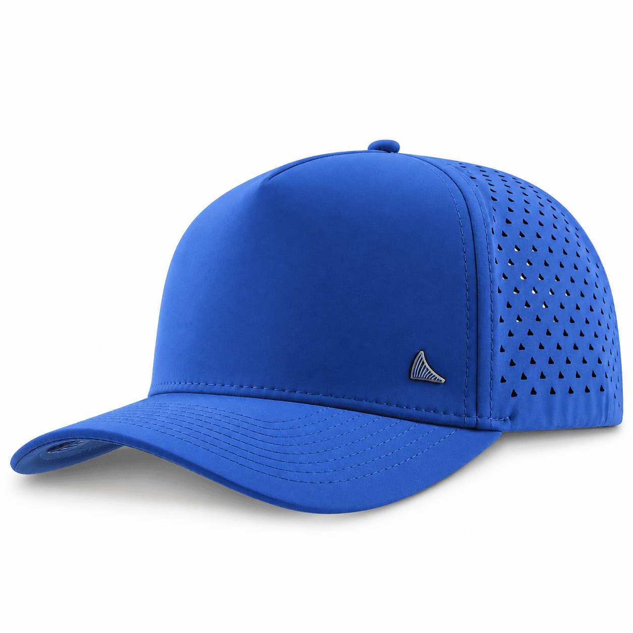 Salt Mafia Flexwave Royal Hat in royal blue, side view, showing the curved brim, laser-perforated crown, and small fin logo