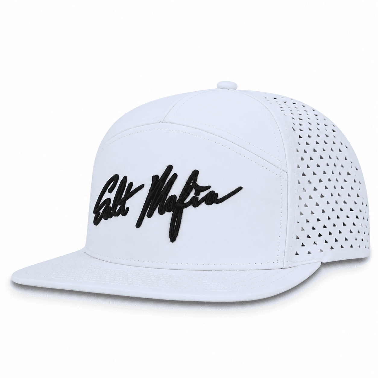 Salt Mafia Signature White Hat, side view, showing the flat brim, laser-perforated side panel, and "Salt Mafia" script logo