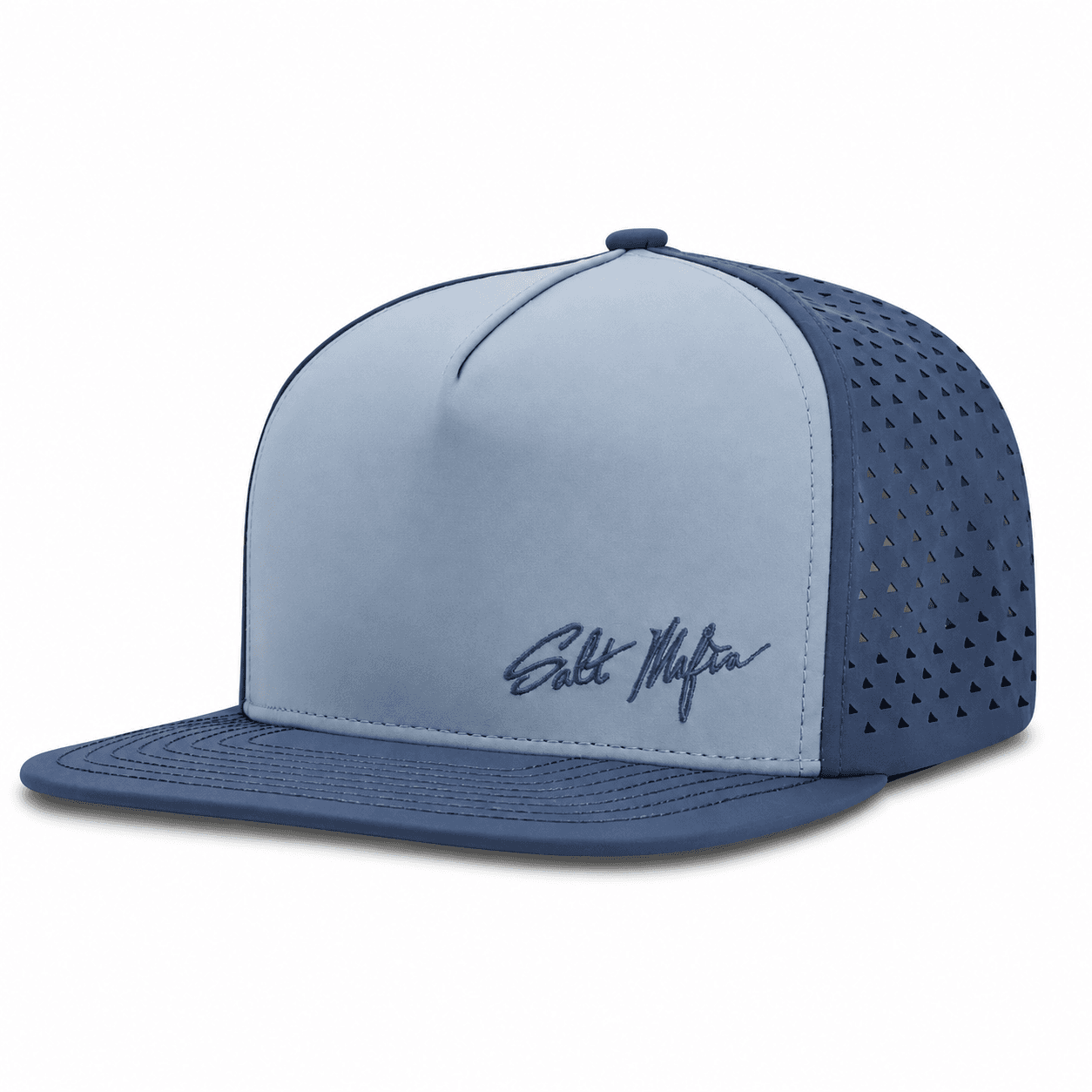 Salt Mafia Wave Canyon hat in ocean blue, front view showing the Salt Mafia script logo